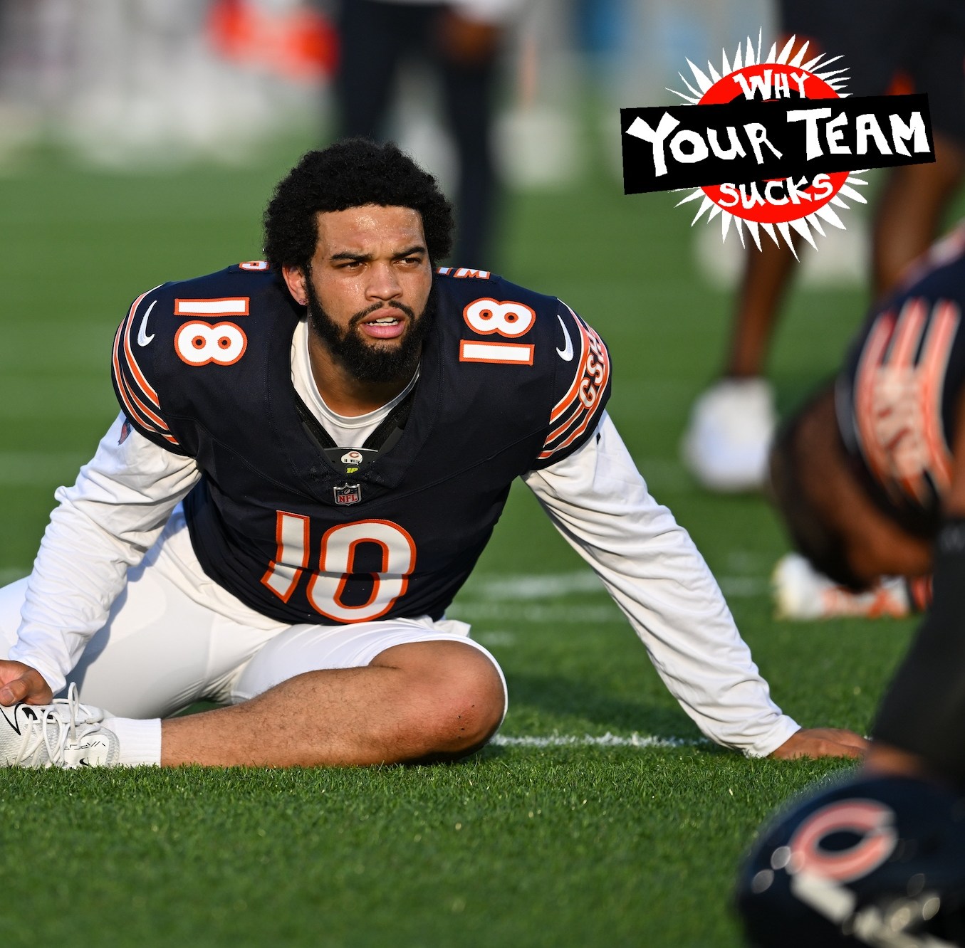 CANTON, OH - AUGUST 01: Chicago Bears QB Caleb Williams (18) stretches during warmups for a National Football League preseason game between the Chicago Bears and Houston Texans on August 1, 2024 at Tom Benson Hall of Fame Stadium in Canton, OH. (Photo by James Black/Icon Sportswire via Getty Images)