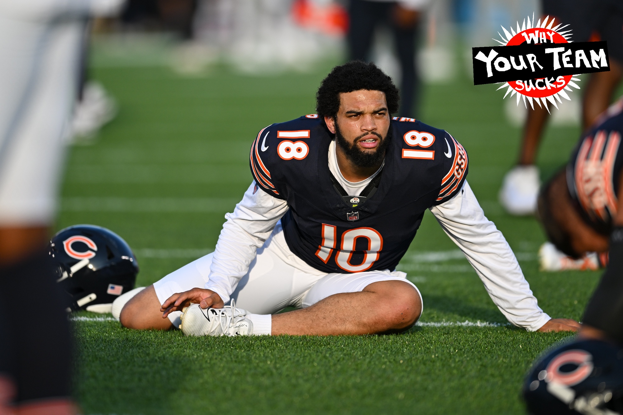 CANTON, OH - AUGUST 01: Chicago Bears QB Caleb Williams (18) stretches during warmups for a National Football League preseason game between the Chicago Bears and Houston Texans on August 1, 2024 at Tom Benson Hall of Fame Stadium in Canton, OH. (Photo by James Black/Icon Sportswire via Getty Images)