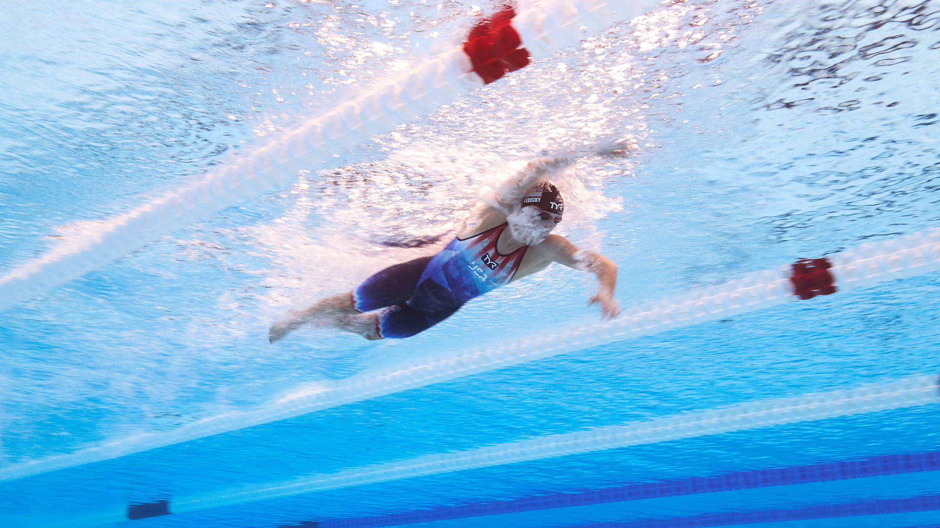 Katie Ledecky of Team United States competes in the Women's 1500m Freestyle Final on day five of the Olympic Games Paris 2024 at Paris La Defense Arena on July 31, 2024 in Nanterre, France.