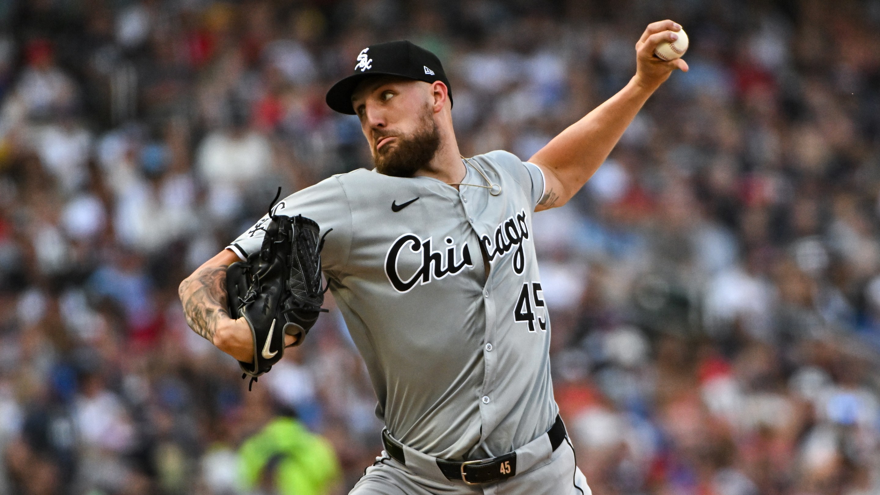 Chicago White Sox pitcher Garrett Crochet throws a pitch against the Twins.