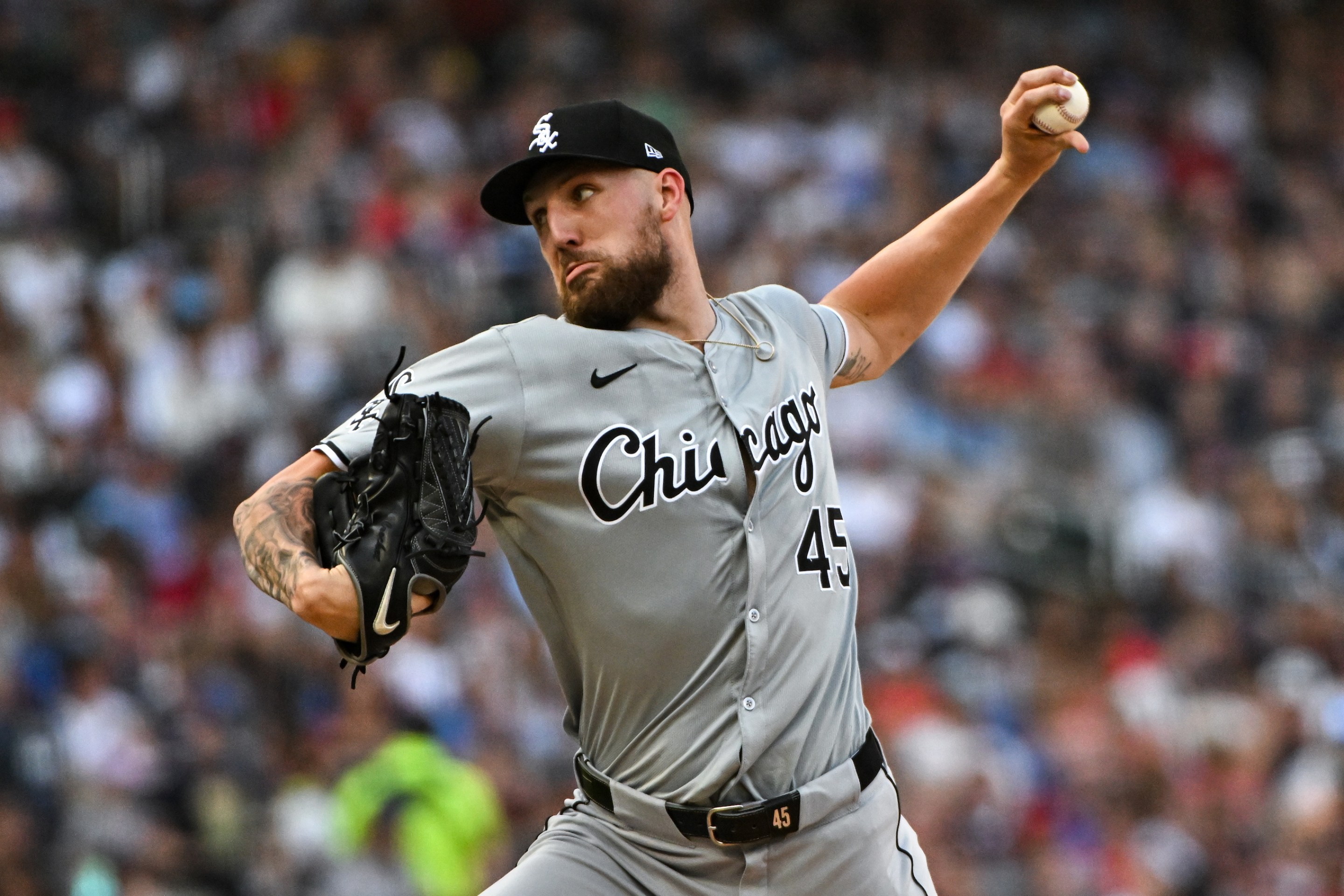 Chicago White Sox pitcher Garrett Crochet throws a pitch against the Twins.