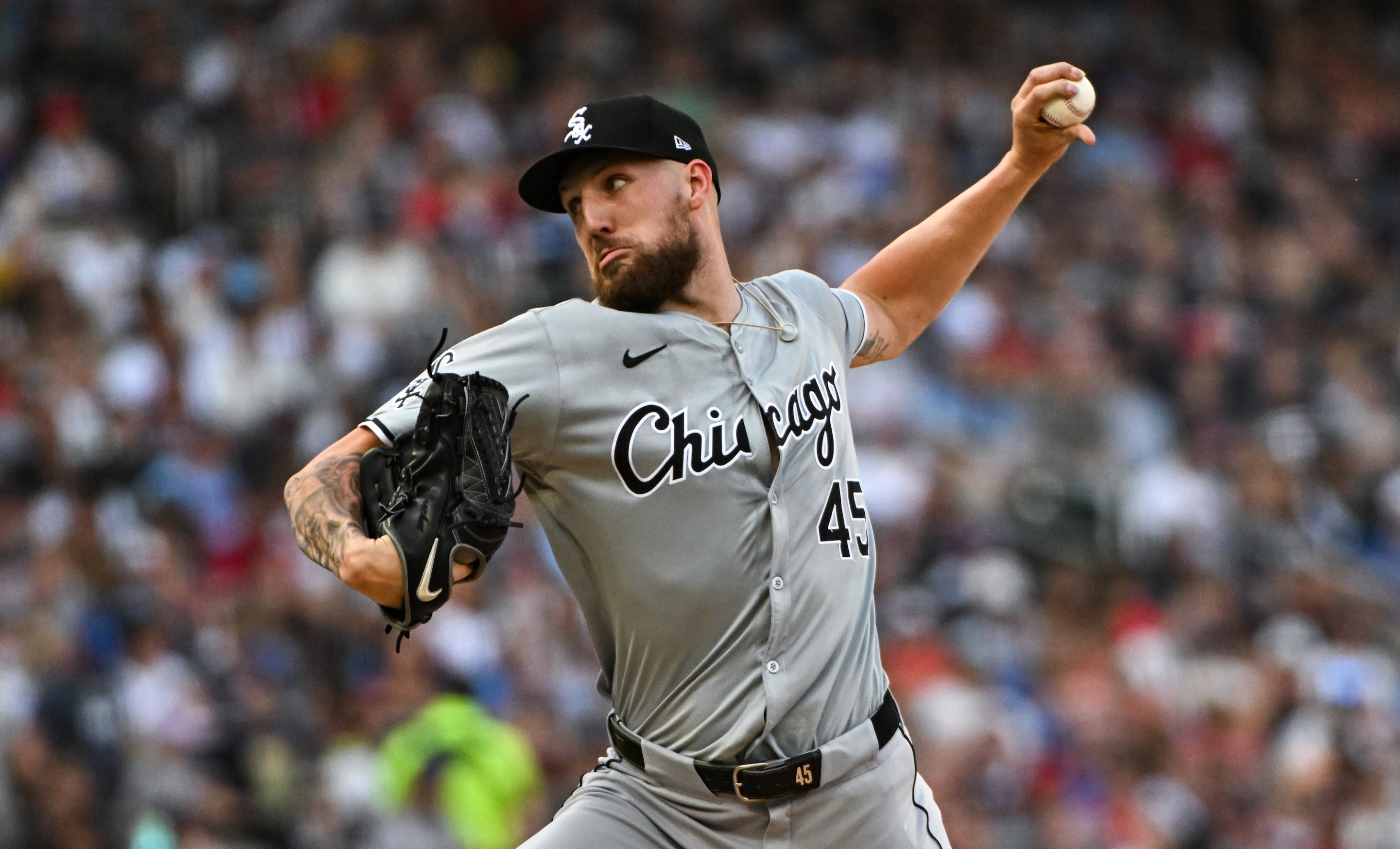 Chicago White Sox pitcher Garrett Crochet throws a pitch against the Twins.