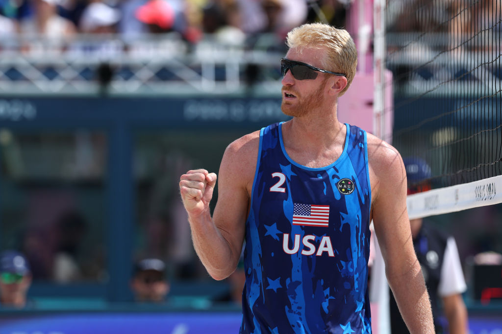 PARIS, FRANCE - AUGUST 02: Chase Budinger of Team United States reacts during a Men's Preliminary Phase match on day seven of the Olympic Games Paris 2024 at Eiffel Tower Stadium on August 02, 2024 in Paris, France.