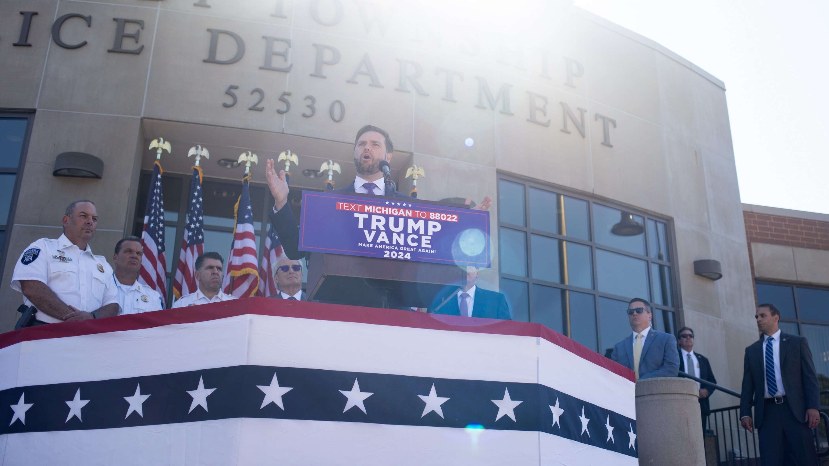 Republican vice presidential candidate, U.S. Sen J.D. Vance (R-OH) speaks during a press conference at the Shelby Township Police Department on August 7, 2024 in Shelby Township, Michigan.