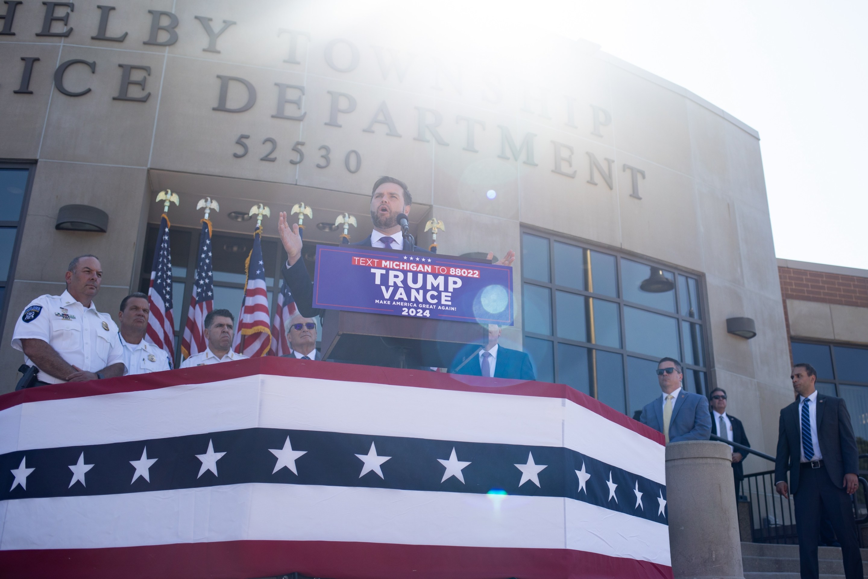 Republican vice presidential candidate, U.S. Sen J.D. Vance (R-OH) speaks during a press conference at the Shelby Township Police Department on August 7, 2024 in Shelby Township, Michigan.