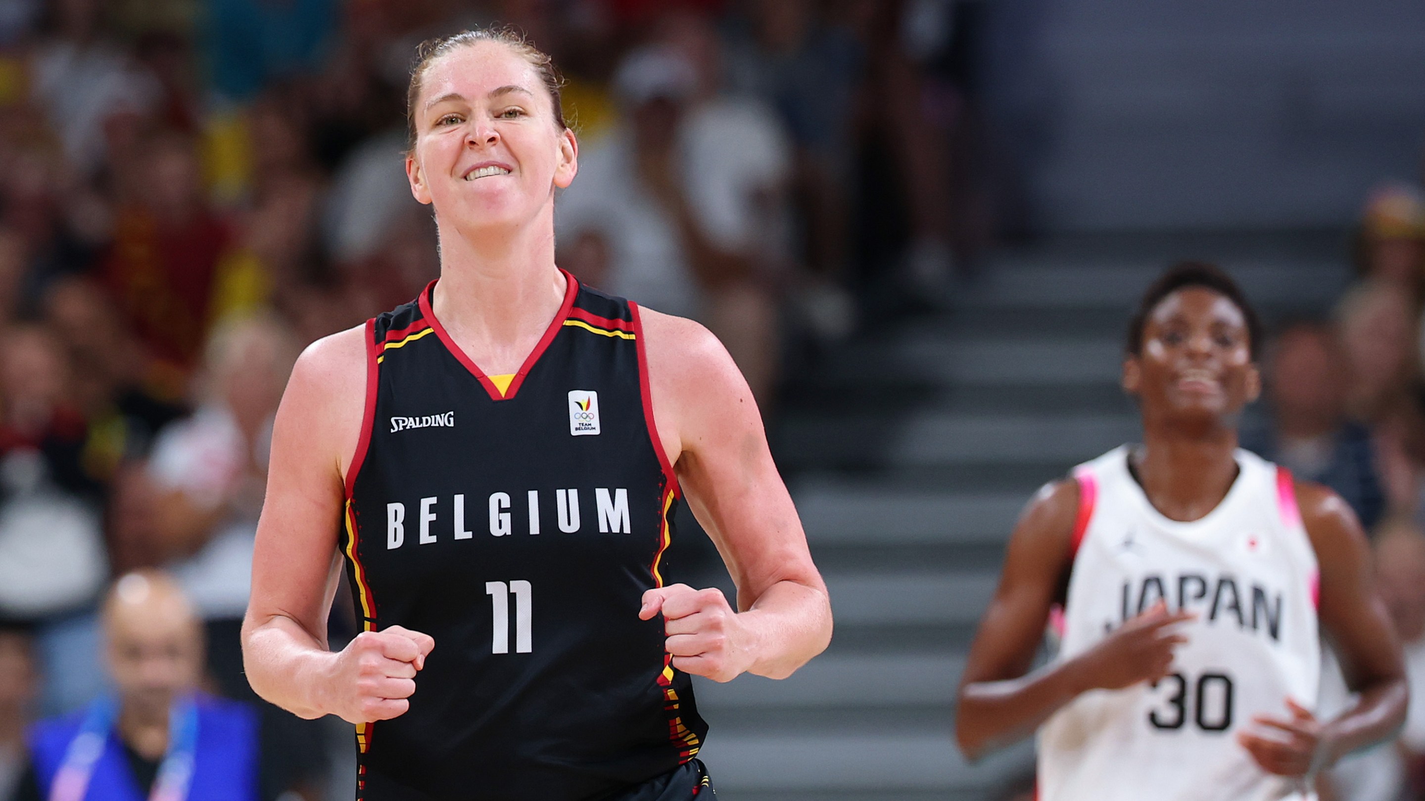 Emma Meesseman #11 of Team Belgium during the Women's Group Phase - Group match between of Team Japan and Team Belgium on day nine of the Olympic Games Paris 2024 at Stade Pierre Mauroy on August 04, 2024 in Lille, France.