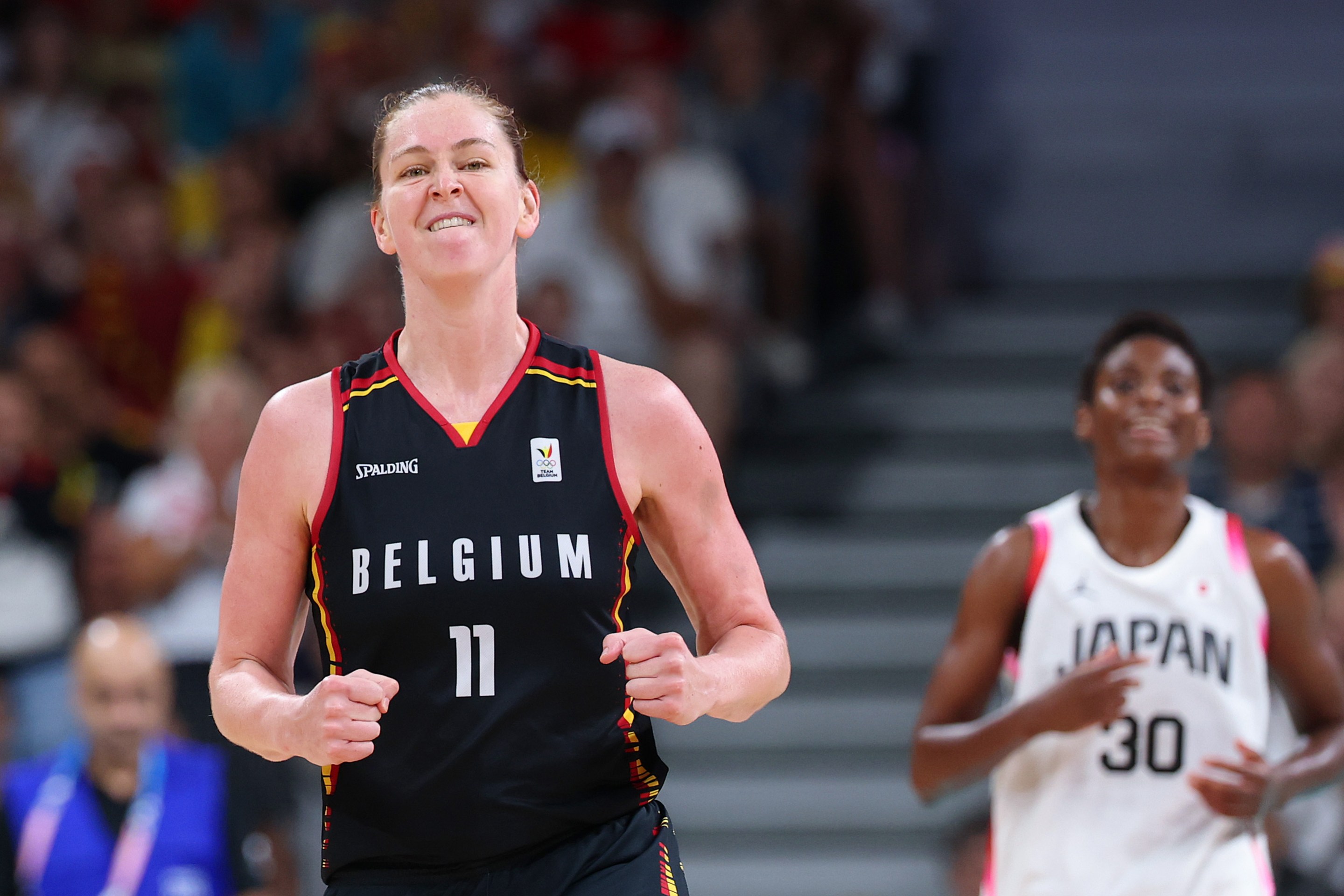 Emma Meesseman #11 of Team Belgium during the Women's Group Phase - Group match between of Team Japan and Team Belgium on day nine of the Olympic Games Paris 2024 at Stade Pierre Mauroy on August 04, 2024 in Lille, France.