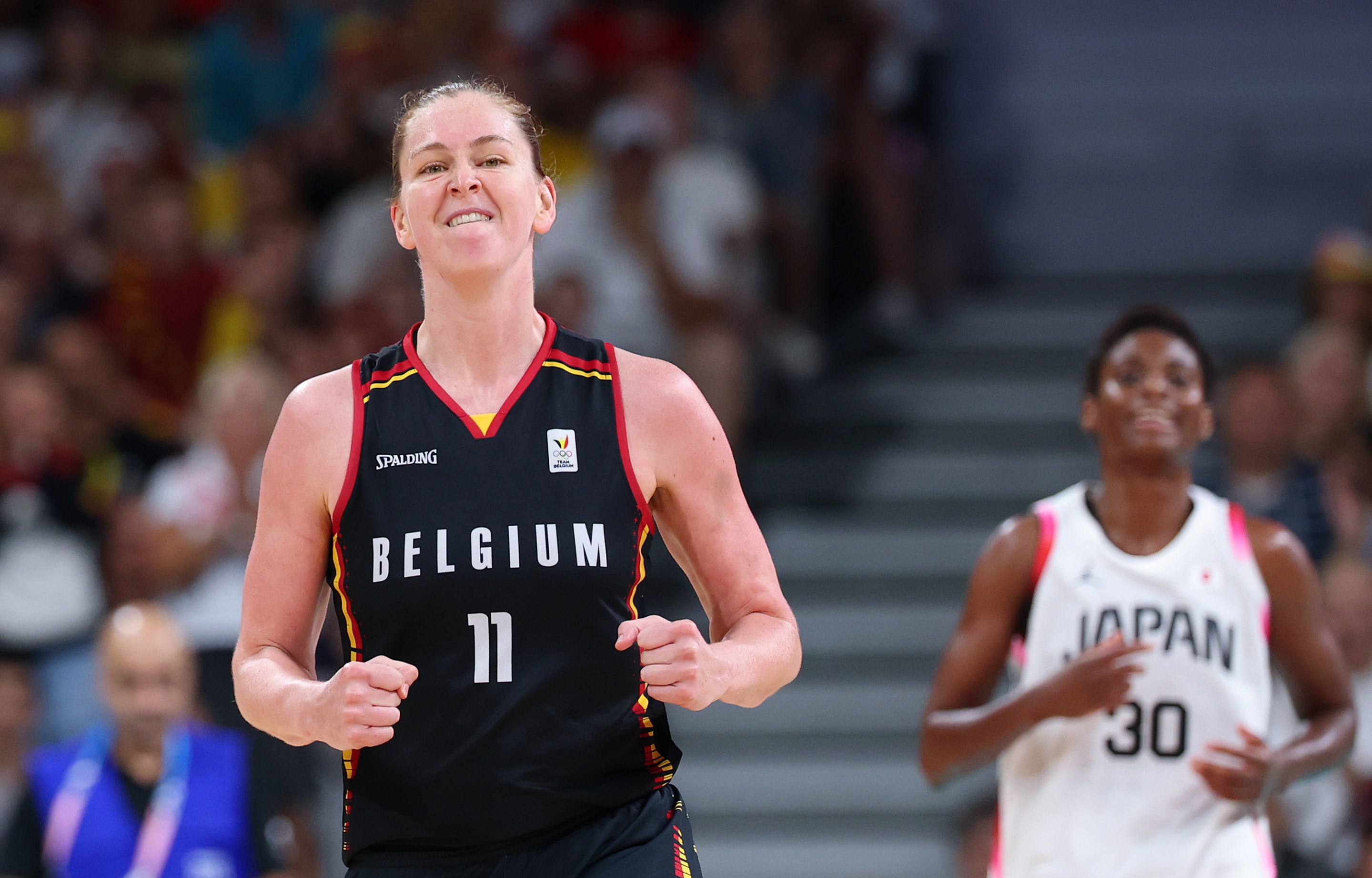 Emma Meesseman #11 of Team Belgium during the Women's Group Phase - Group match between of Team Japan and Team Belgium on day nine of the Olympic Games Paris 2024 at Stade Pierre Mauroy on August 04, 2024 in Lille, France.