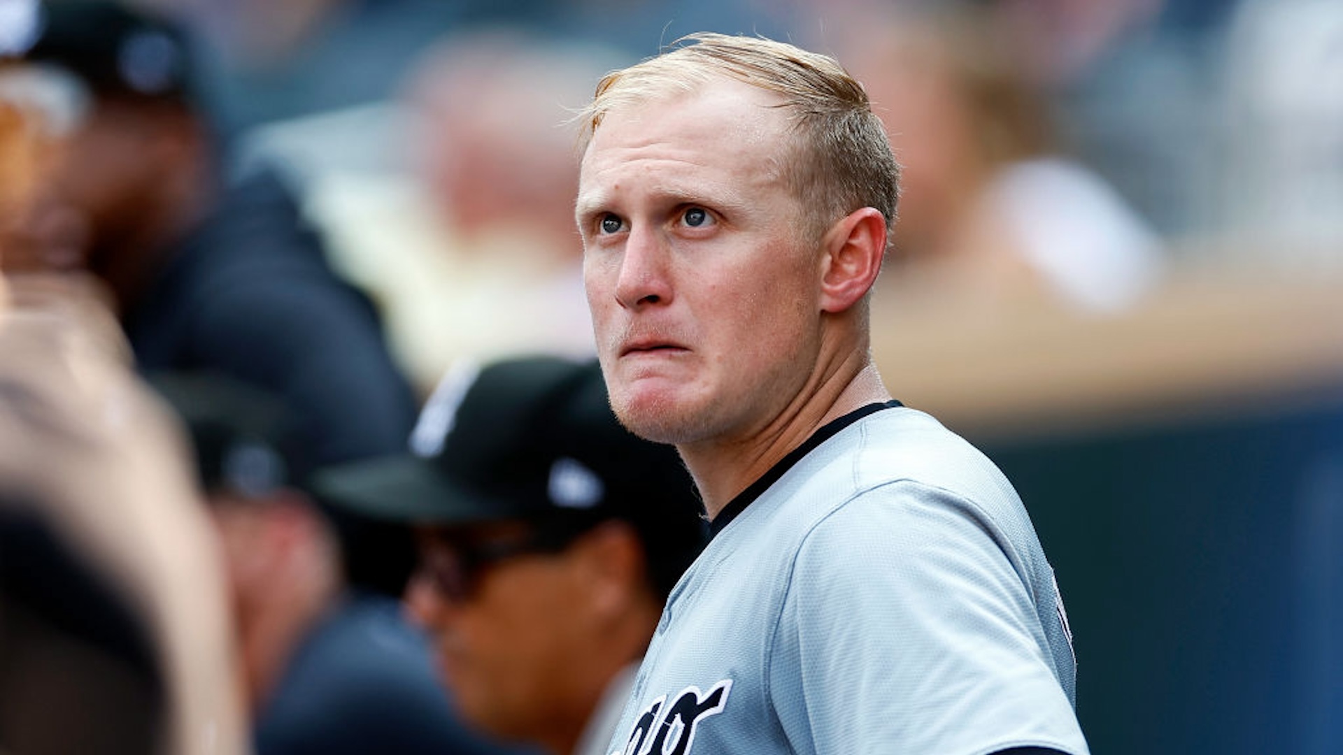 Andrew Vaughn #25 of the Chicago White Sox looks on against the Minnesota Twins in the ninth inning at Target Field on August 04, 2024 in Minneapolis, Minnesota. The Twins defeated the White Sox 13-7.