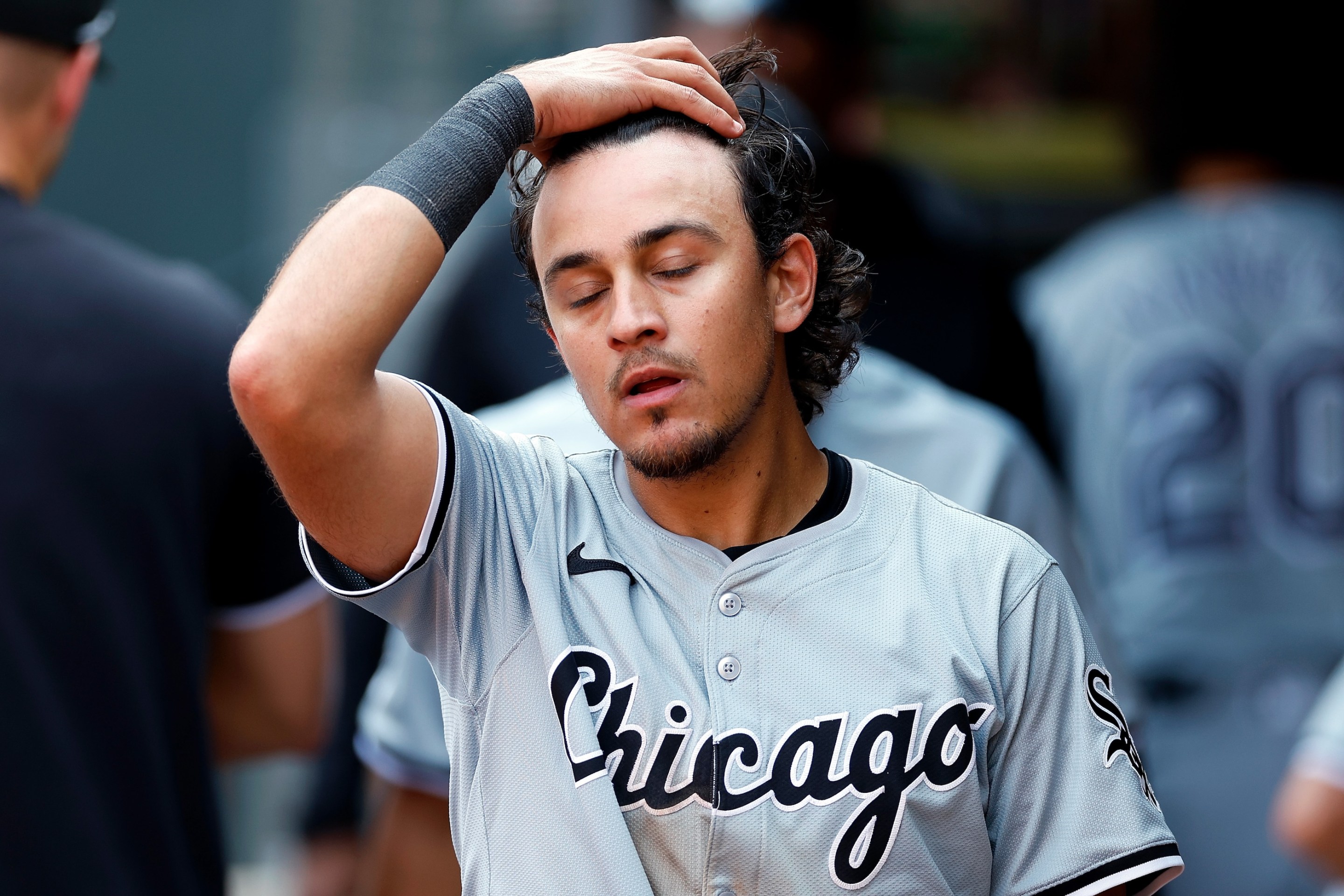 Nicky Lopez of the White Sox looks exhausted and sad during a loss to the Minnesota Twins on August 4, 2024.