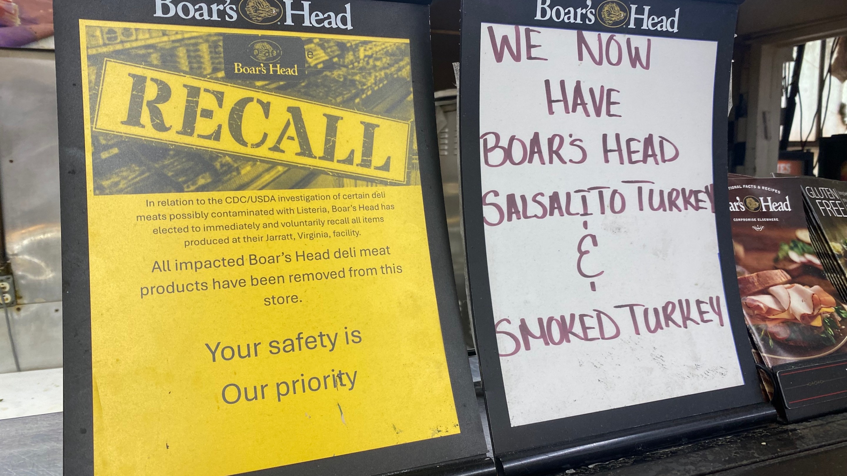 Boar's Head deli meats Recall notice at Deli counter in grocery store, Queens, New York.