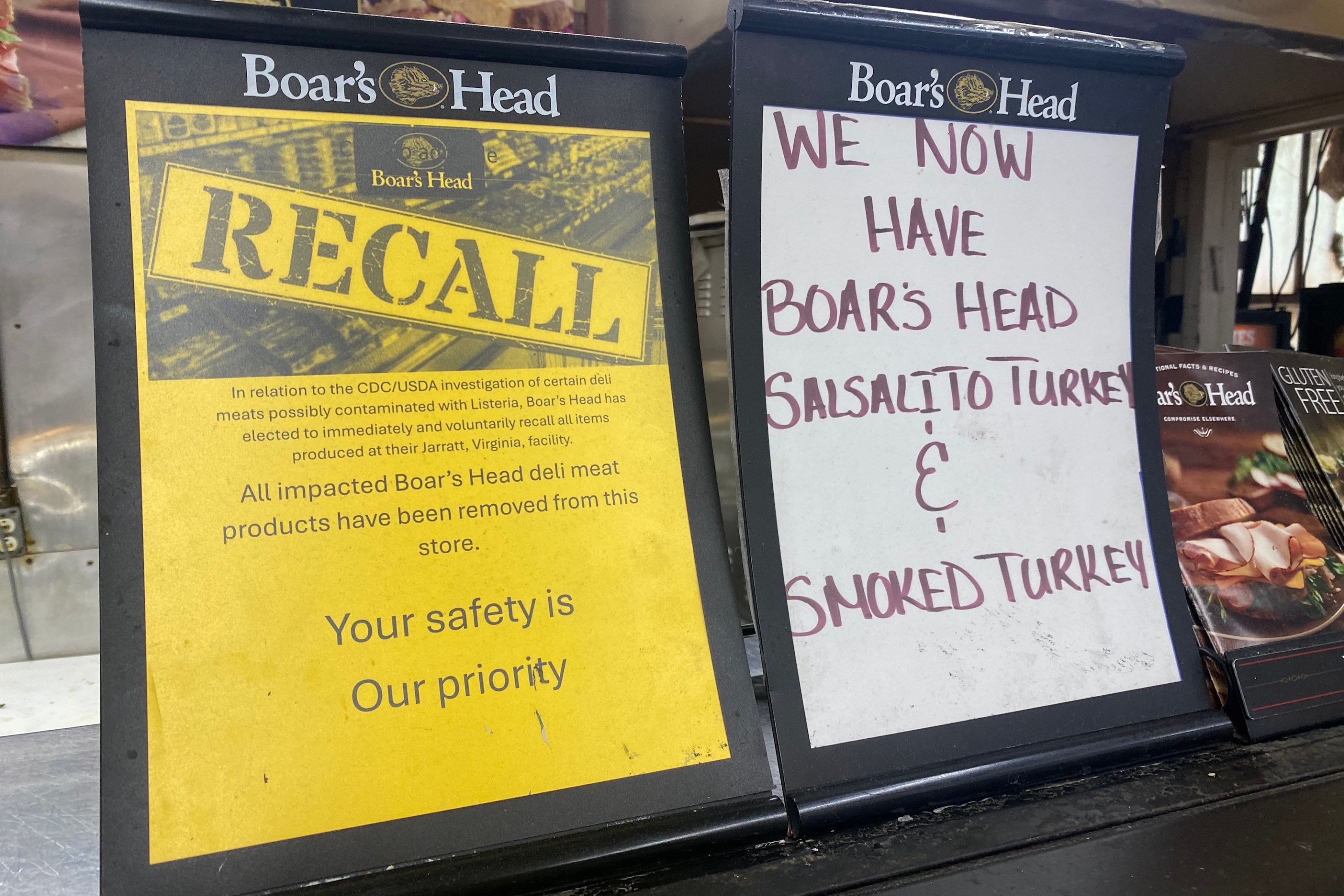 Boar's Head deli meats Recall notice at Deli counter in grocery store, Queens, New York.