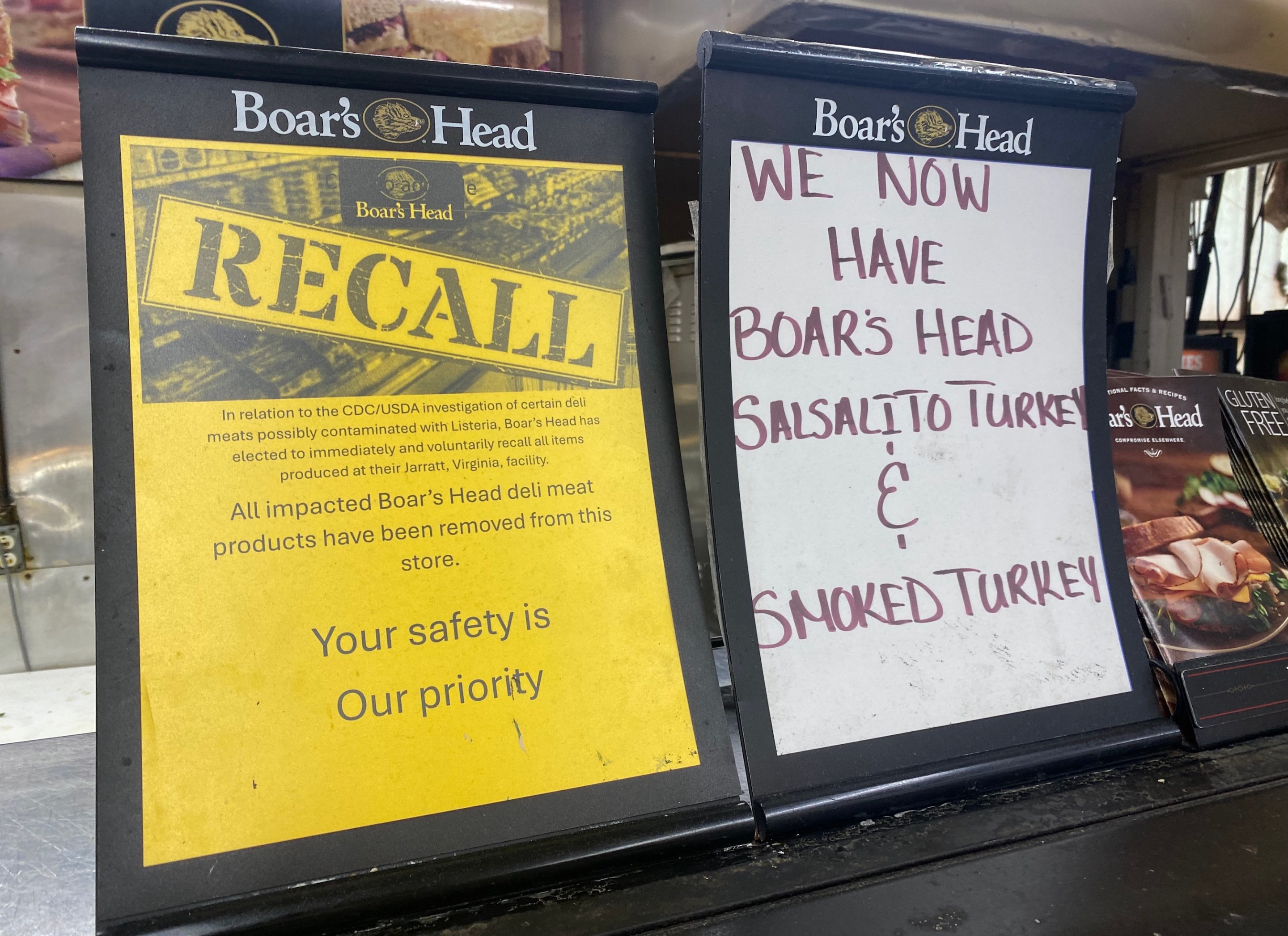 Boar's Head deli meats Recall notice at Deli counter in grocery store, Queens, New York.