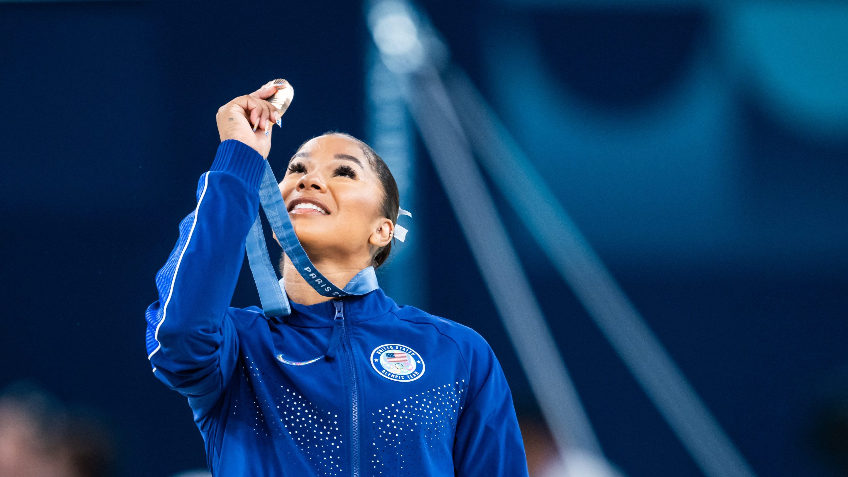 Bronze medalist Jordan Chiles of Team United States celebrates after the Artistic Gymnastics Women's Floor Exercise Final on day ten of the Olympic Games Paris 2024 at the Bercy Arena on August 5, 2024 in Paris, France.