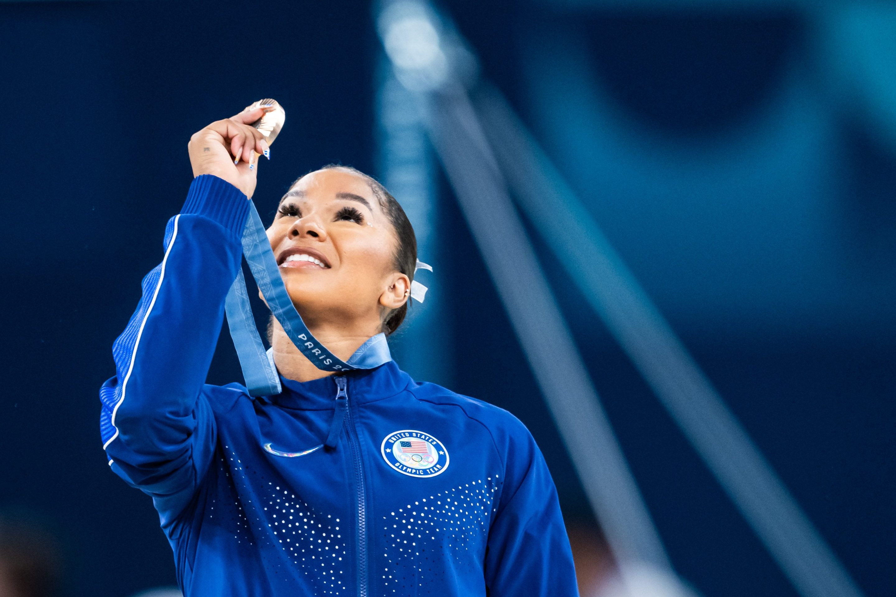 Bronze medalist Jordan Chiles of Team United States celebrates after the Artistic Gymnastics Women's Floor Exercise Final on day ten of the Olympic Games Paris 2024 at the Bercy Arena on August 5, 2024 in Paris, France.