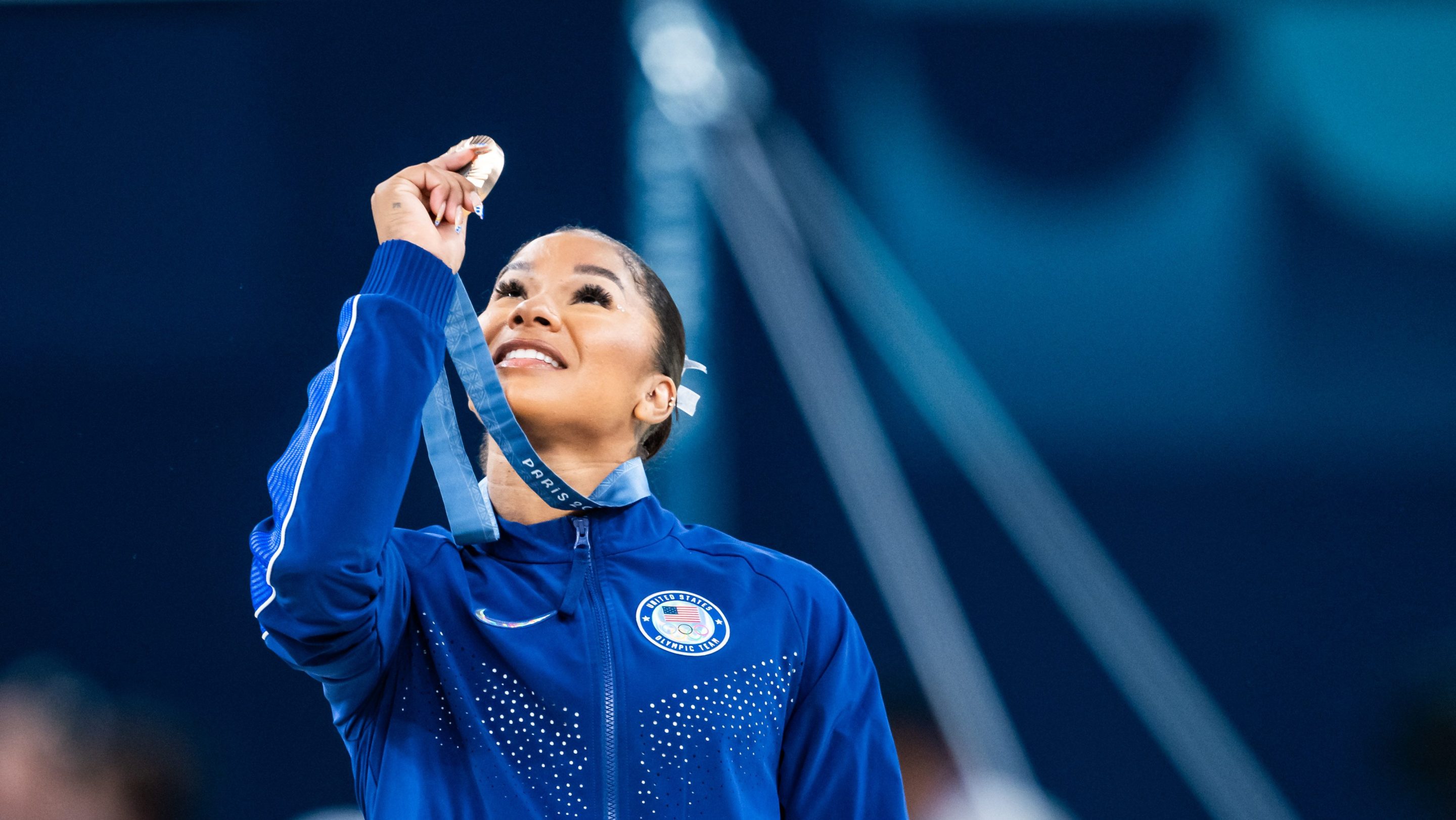 Bronze medalist Jordan Chiles of Team United States celebrates after the Artistic Gymnastics Women's Floor Exercise Final on day ten of the Olympic Games Paris 2024 at the Bercy Arena on August 5, 2024 in Paris, France.