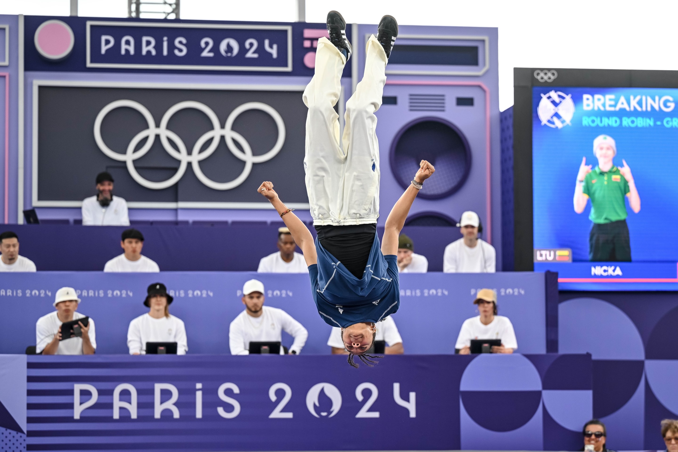 Syssy competes during the Breaking B-Girls Round Robin Group B battle between Nicka an Syssy on Day 14 of the Olympic Games Paris.