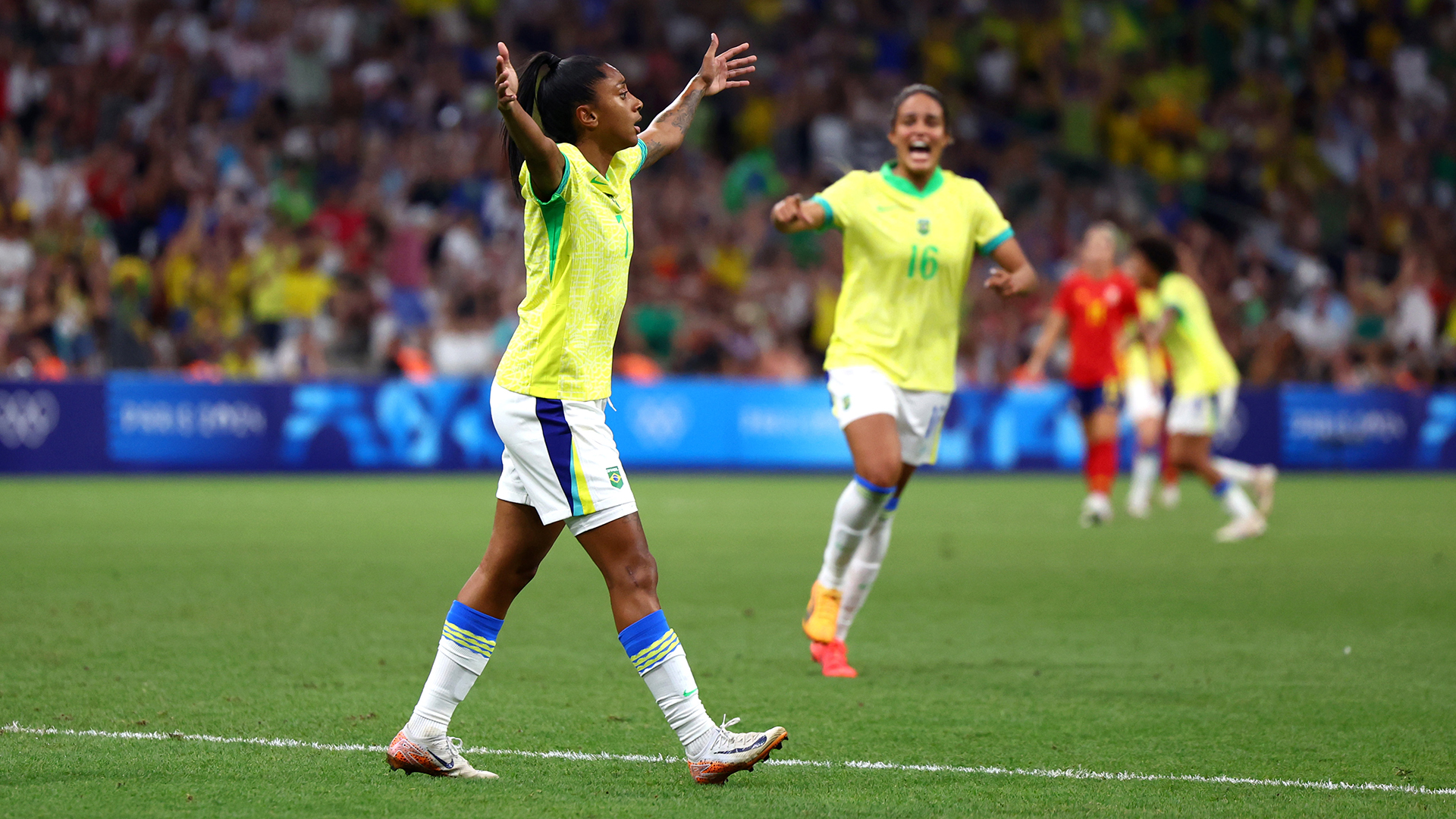 Kerolin #7 of Team Brazil celebrates scoring her team's fourth goal during the Women's semifinal match between Brazil and Spain during the Olympic Games Paris 2024 at Stade de Marseille on August 06, 2024 in Marseille, France.