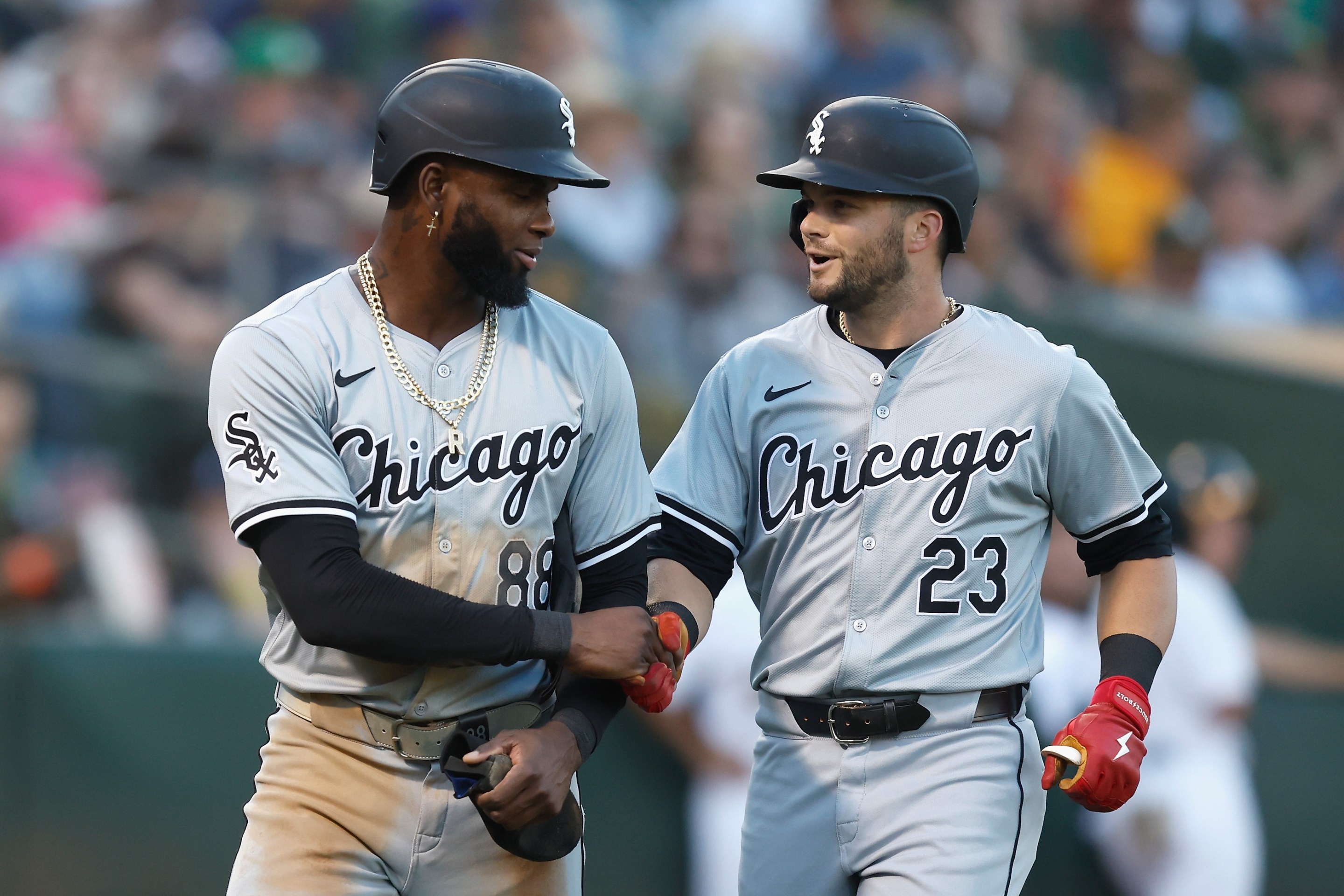 Andrew Vaughn and Luis Robert Jr. of the Chicago White Sox exchange a fist-bump during the team's win on August 6, 2024. It was the White Sox's second win since July 10.