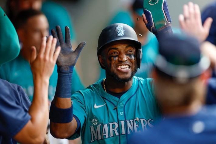 Victor Robles smiles after scoring a run.