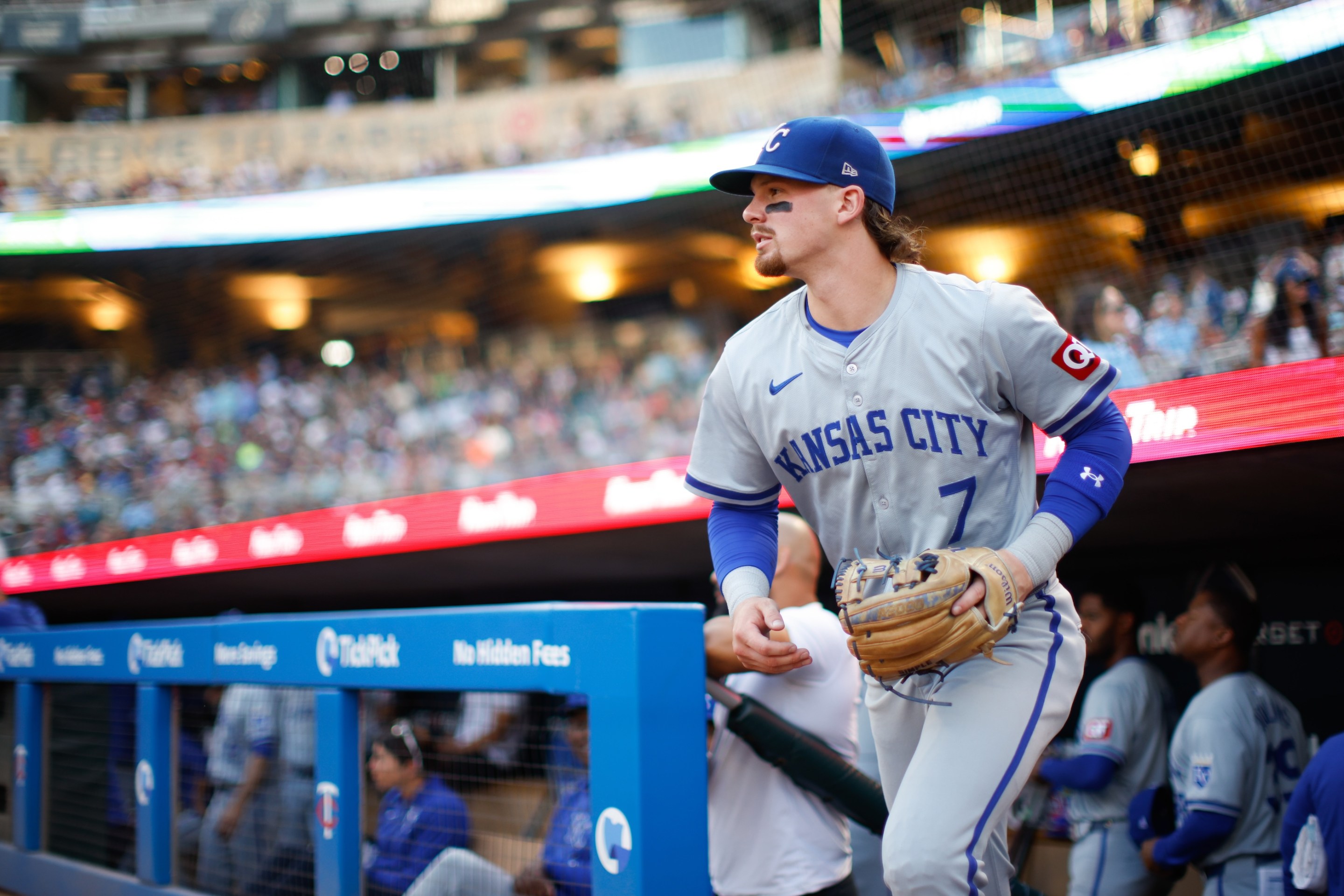 Bobby Witt Jr. #7 of the Kansas City Royals takes the field in the second inning during the game between the Kansas City Royals and the Minnesota Twins at Target Field on Monday, August 12, 2024 in Minneapolis, Minnesota.