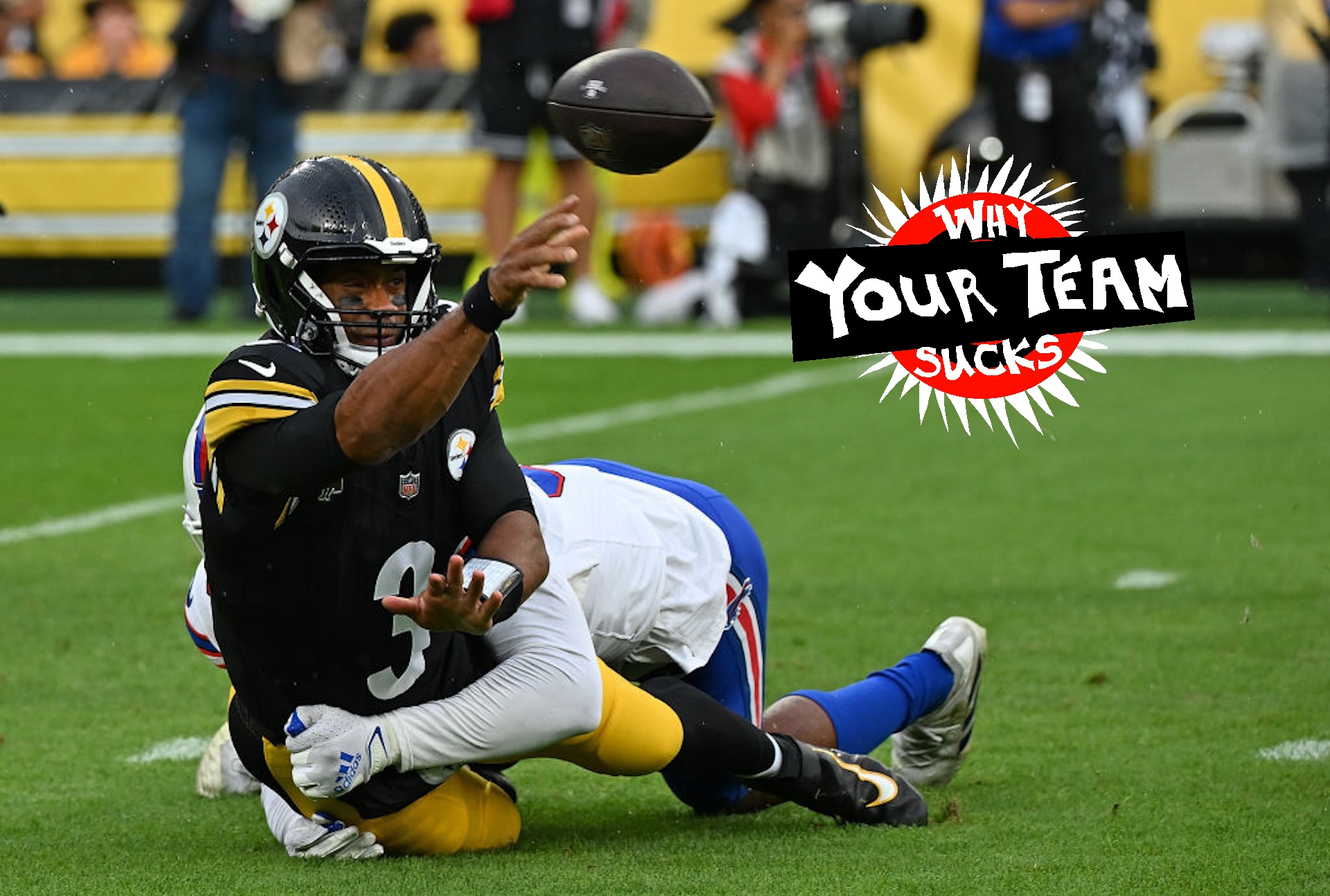 Russell Wilson #3 of the Pittsburgh Steelers throws an incomplete pass as he is taken to the ground by Greg Rousseau #50 of the Buffalo Bills in the first quarter during the preseason game at Acrisure Stadium on August 17, 2024 in Pittsburgh, Pennsylvania.