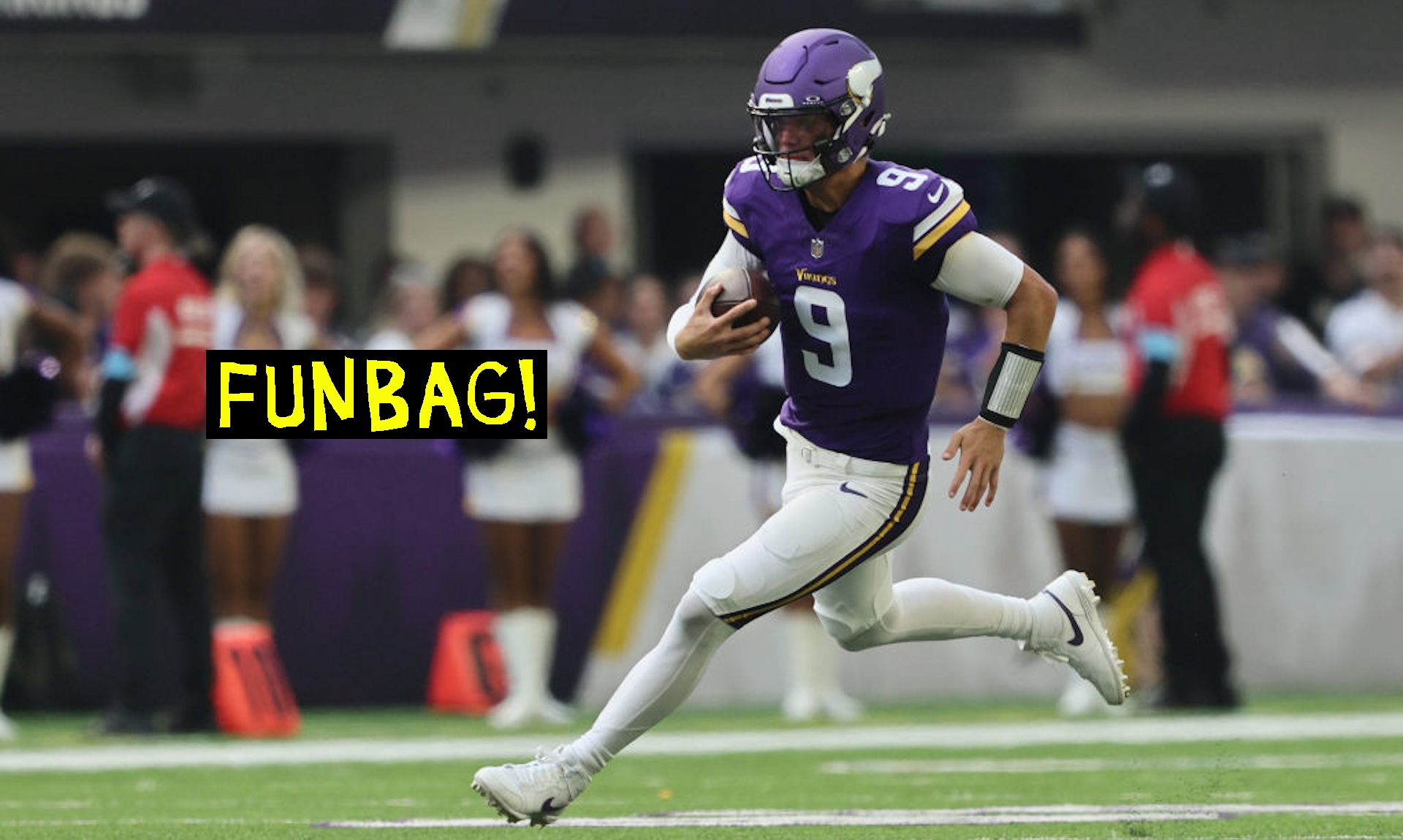 J.J. McCarthy #9 of the Minnesota Vikings dives with the ball for a first down during the pre-season game against Las Vegas Raiders in the second half at U.S. Bank Stadium on August 10, 2024 in Minneapolis, Minnesota. J.J. McCarthy’s season was cut short due to a knee injury in the preseason game.