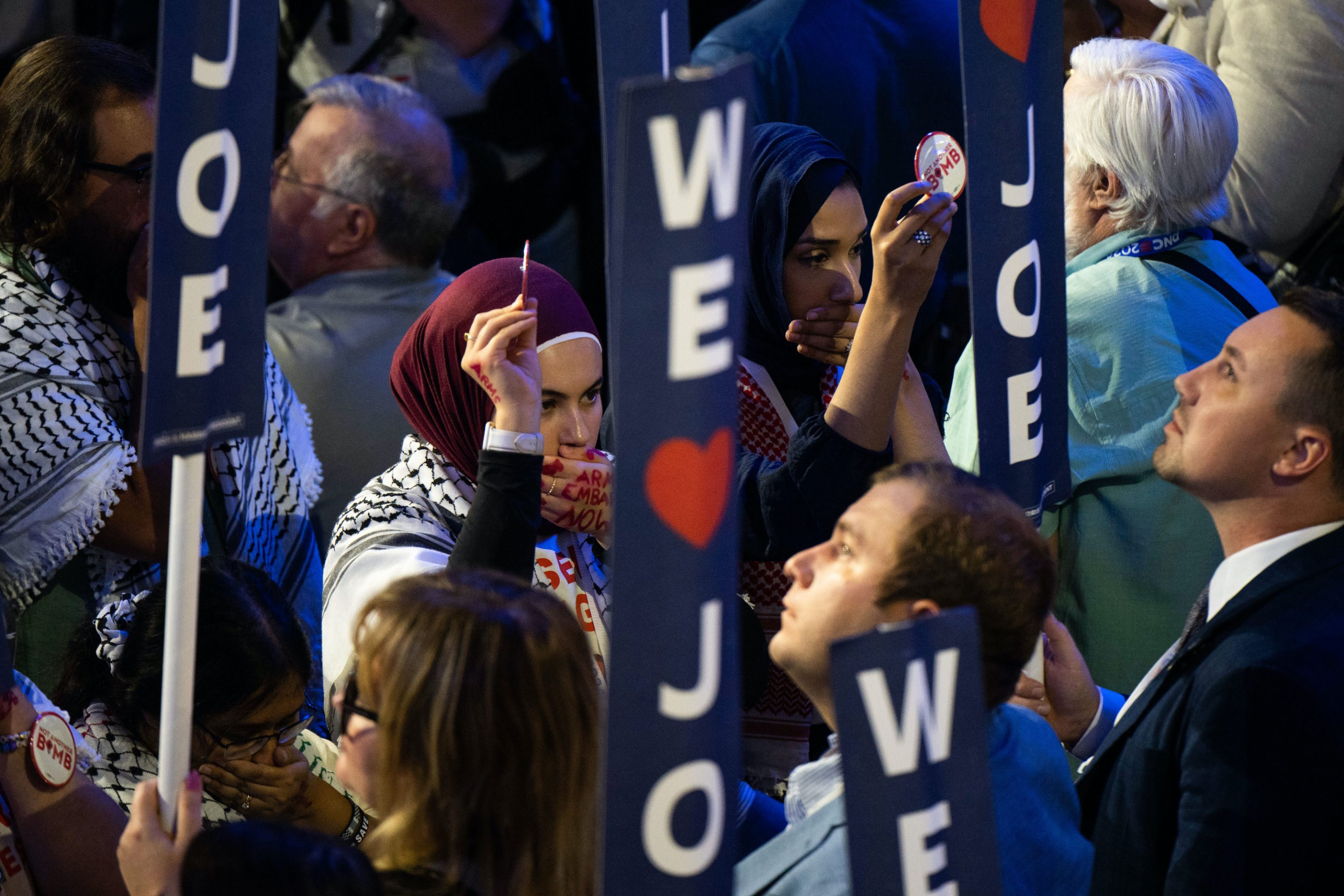 Attendees calling for a ceasefire in Gaza demonstrate as President Joe Biden deliver the keynote speech during the first day of the Democratic National Convention on August 19, 2024,