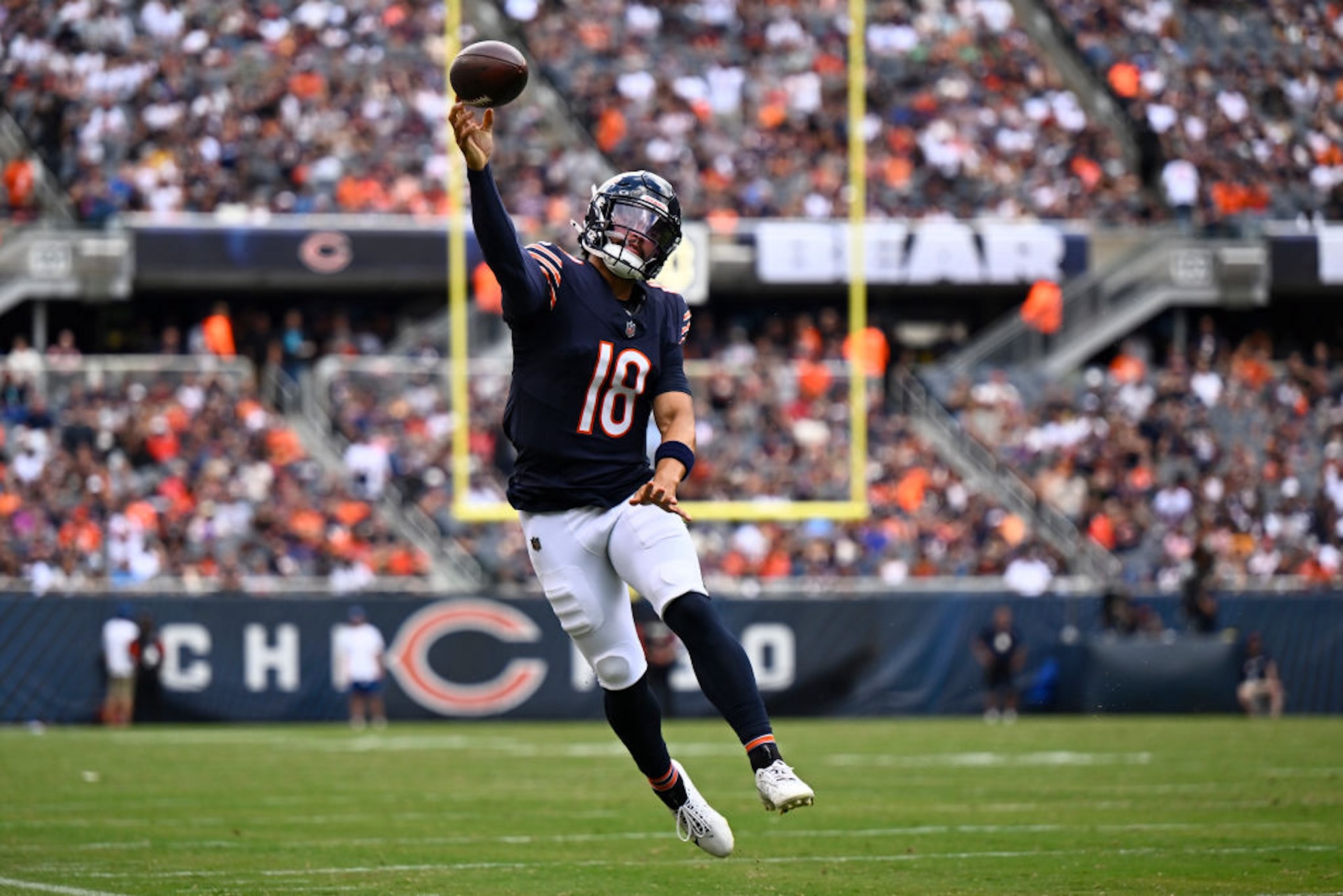 Caleb Williams #18 of the Chicago Bears passes in the first half of a preseason game against the Cincinnati Bengals at Soldier Field on August 17, 2024 in Chicago, Illinois.