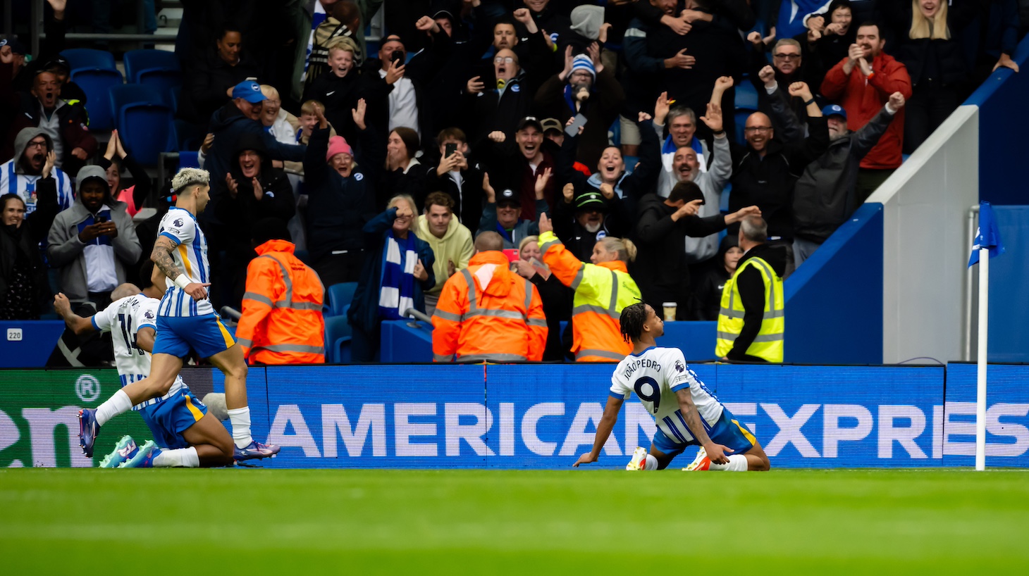 Joao Pedro of Brighton & Hove Albion celebrates scoring a goal to make the score 2-1 during the Premier League match between Brighton & Hove Albion FC and Manchester United FC at Amex Stadium on August 24, 2024 in Brighton, United Kingdom.