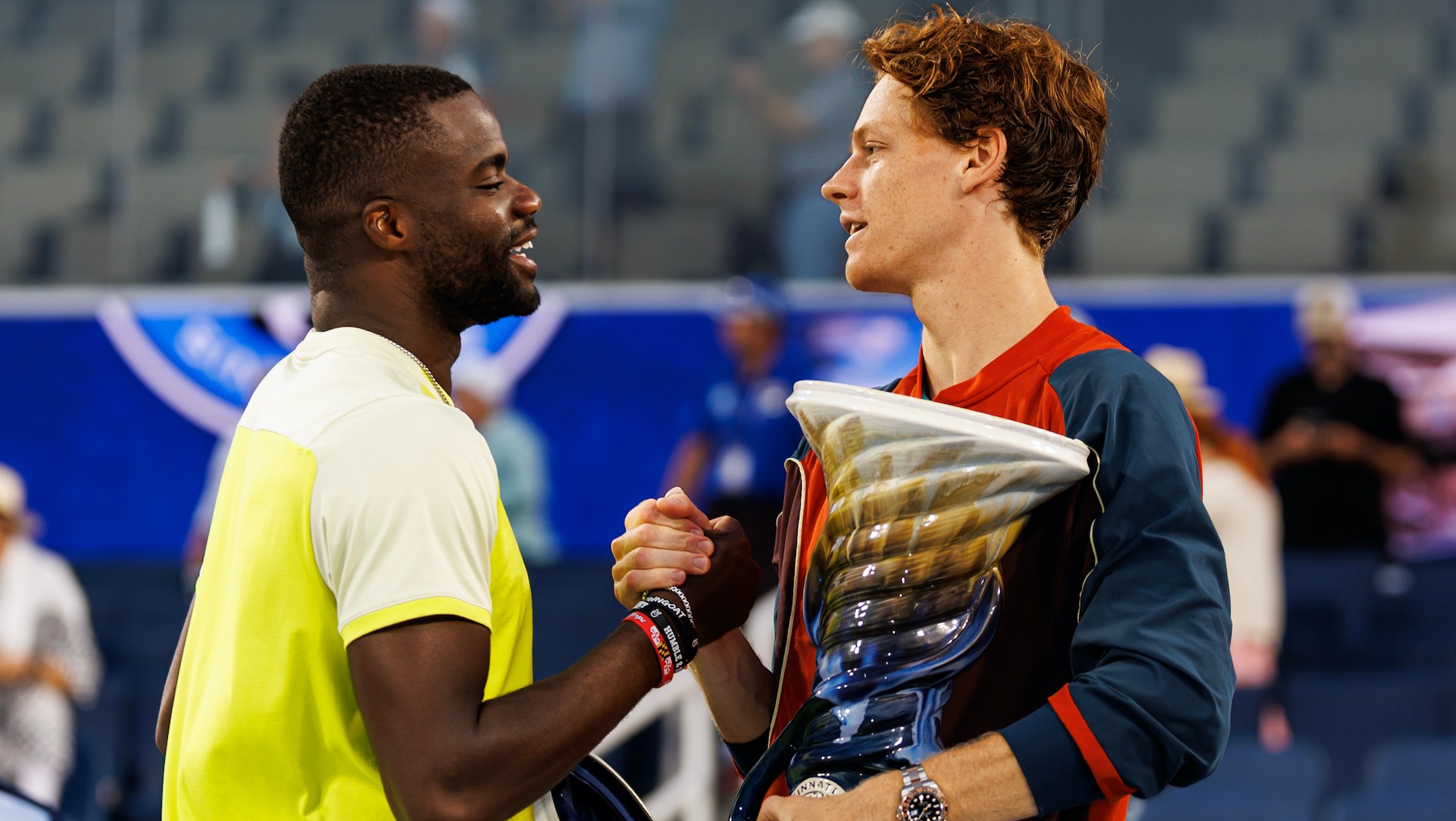 Jannik Sinner of Italy shakes hands with Frances Tiafoe of the United States after beating him in the final of the Cincinnati Open