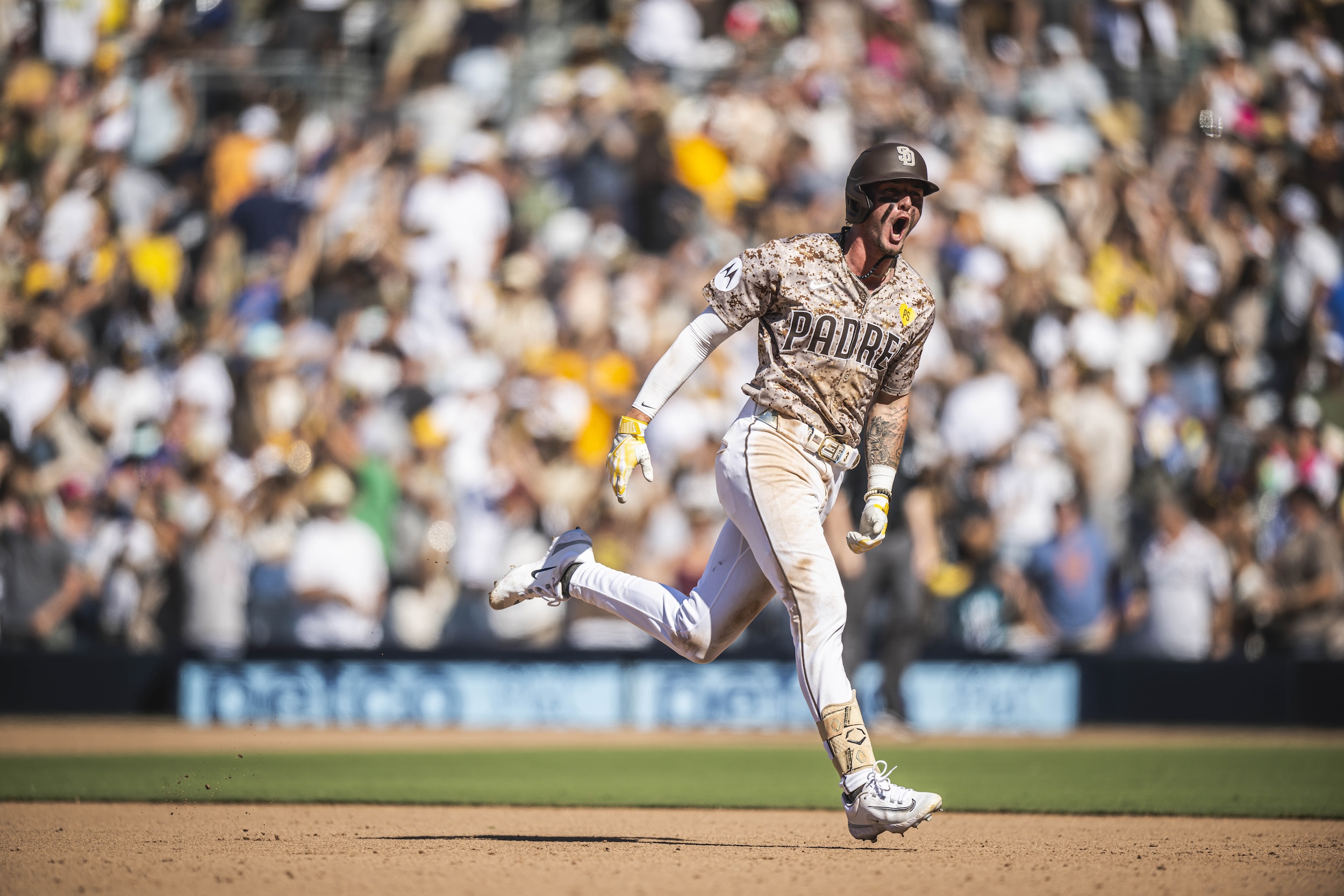 Jackson Merrill celebrates after hitting a walk-off home run.