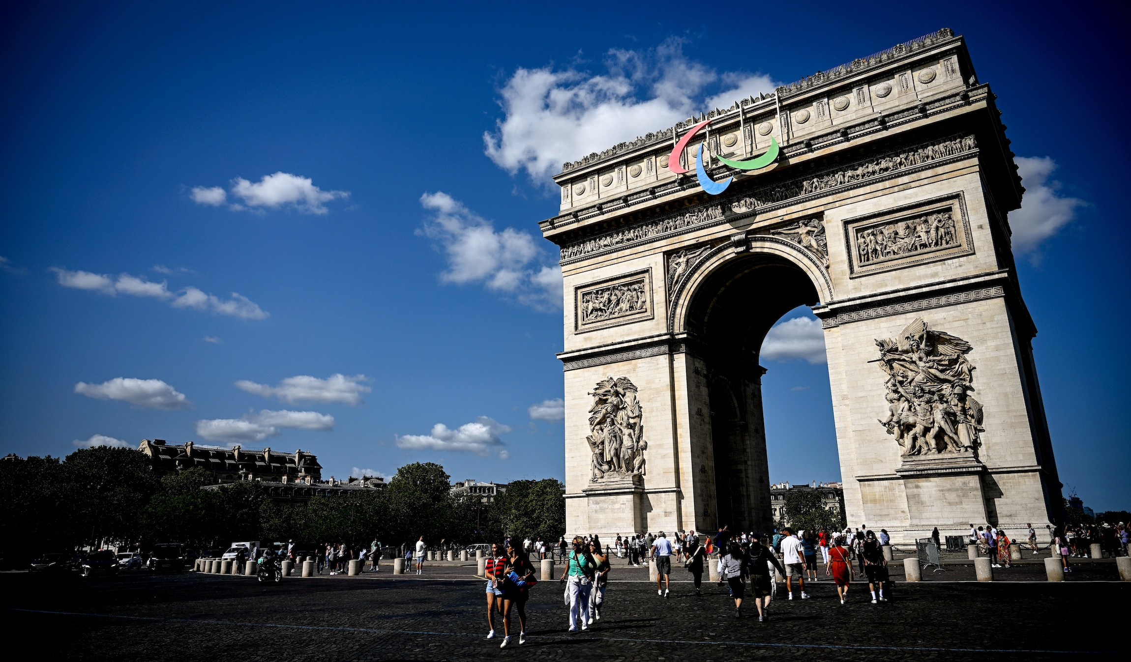 Paris , France - 26 August 2024; A general view of the Agito logo on the Arc de Triomphe in advance of the Paris 2024 Paralympic Games in Paris, France. (Photo By Ramsey Cardy/Sportsfile via Getty Images)