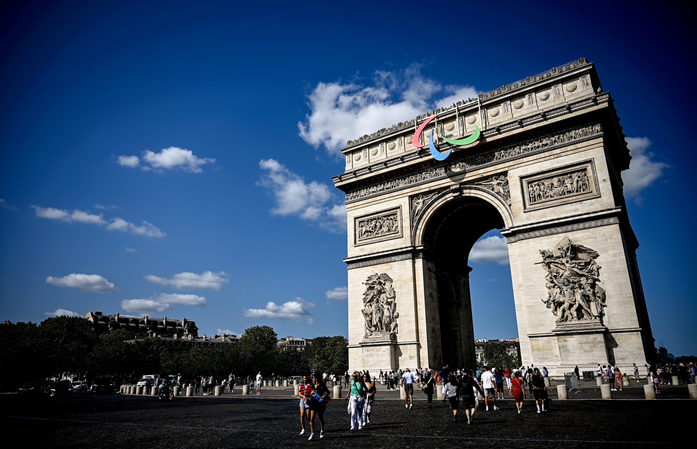 Paris , France - 26 August 2024; A general view of the Agito logo on the Arc de Triomphe in advance of the Paris 2024 Paralympic Games in Paris, France. (Photo By Ramsey Cardy/Sportsfile via Getty Images)