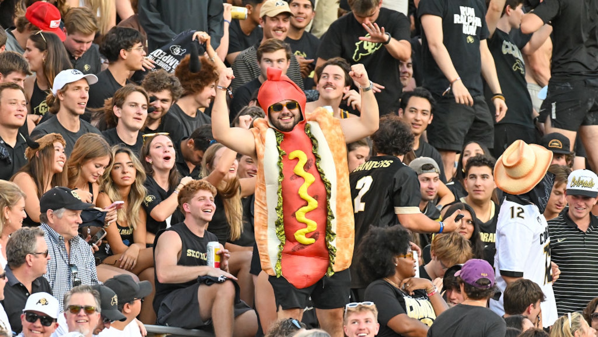 A fan dressed as a hotdog performs for the cameras during the college football game between the North Dakota State Bison and the Colorado Buffaloes on August 29, 2024 at Folsom Field in Boulder, CO.