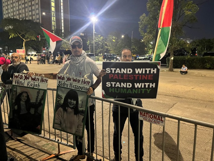 Pro-Palestine protestors demonstrate outside the DNC