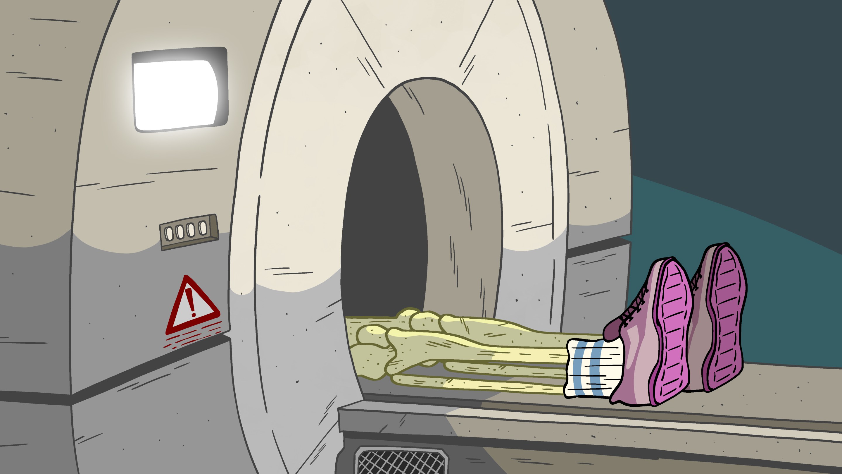 An illustration of a skeleton with running shoes on sliding into an MRI machine