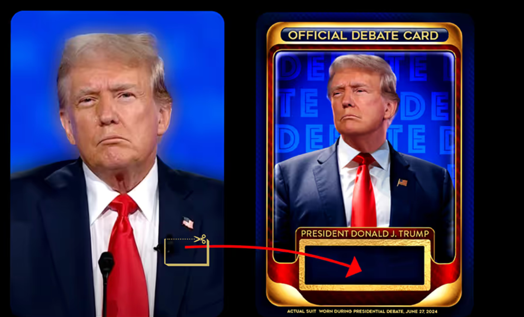 A picture of Donald Trump at the first presidential debate next to a rendering of a trading card which includes a swatch of the suit he wore in that debate, taken from the website selling those cards.