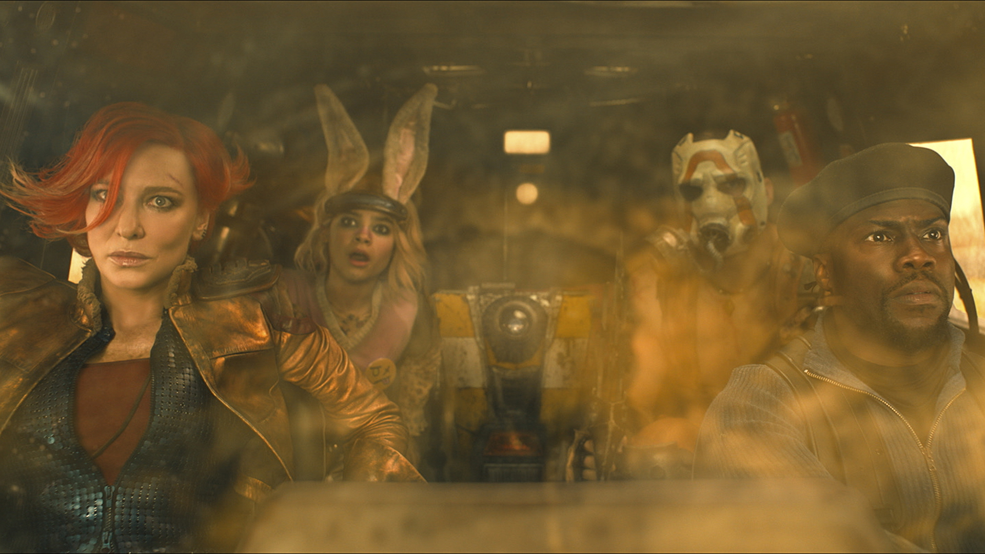 Cate Blanchett as Lilith, Ariana Greenblatt as Tiny Tina, Florian Munteanu as Krieg, and Kevin Hart as Roland in Borderlands.