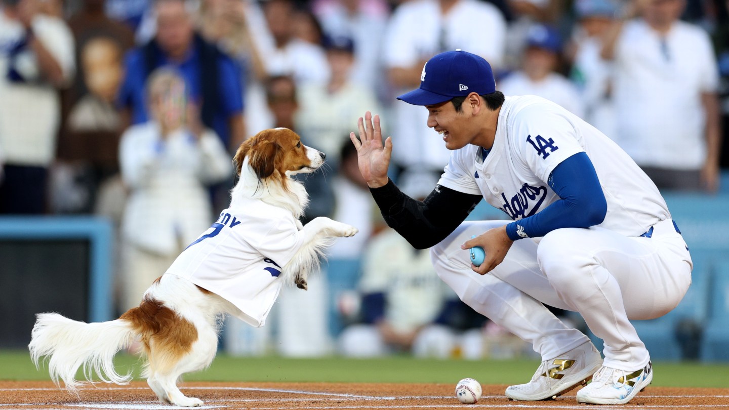 Shohei Ohtani offers Decoy his hand for a high five after Decoy successfully throws the ceremonial first pitch.