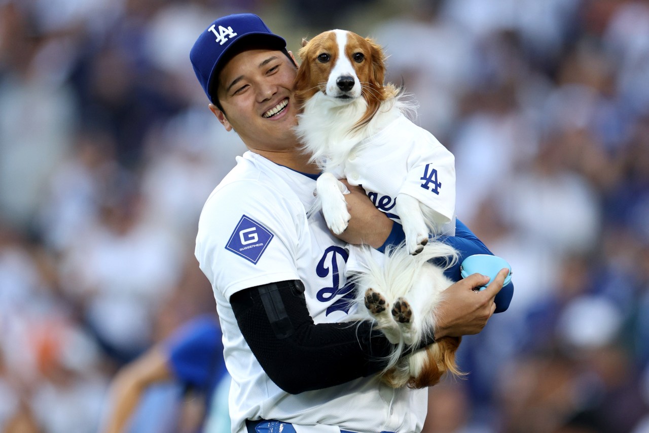 Shohei Ohtani holds decoy in his arms.