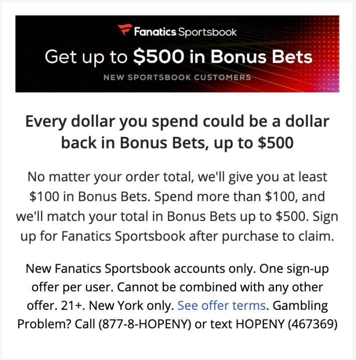 A Fanatics ad headlined "Get Up To $500 In Bonus Bets" and reading below "Every dollar you spend could be a dollar back in Bonus Bets, up to $500. No matter your order total, we'll give you at least $100 in Bonus Bets. Spend more than $100 and we'll match your total in Bonus Bets up toe $500" and so on and so forth.