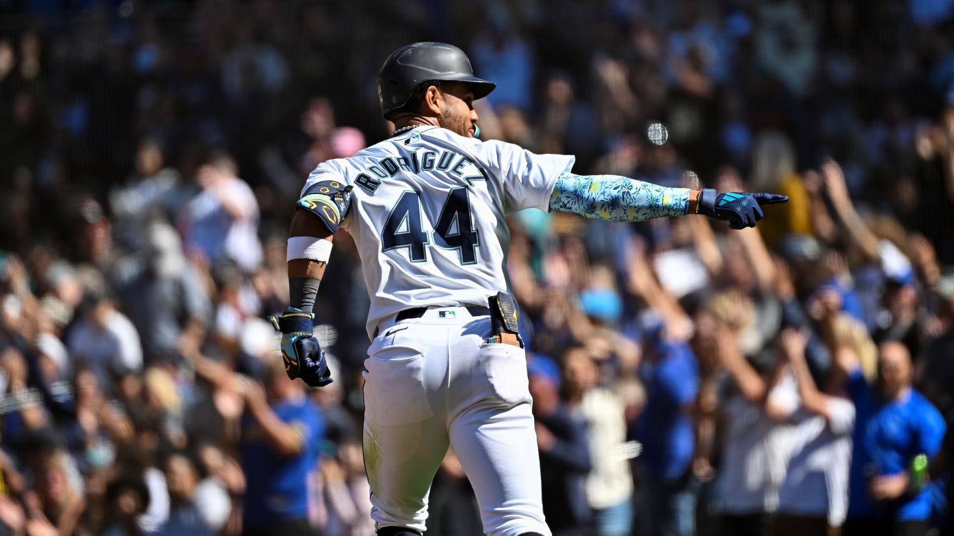 Julio Rodriguez #44 of the Seattle Mariners gestures after hitting a two-run home run during the fifth inning against the Tampa Bay Rays.