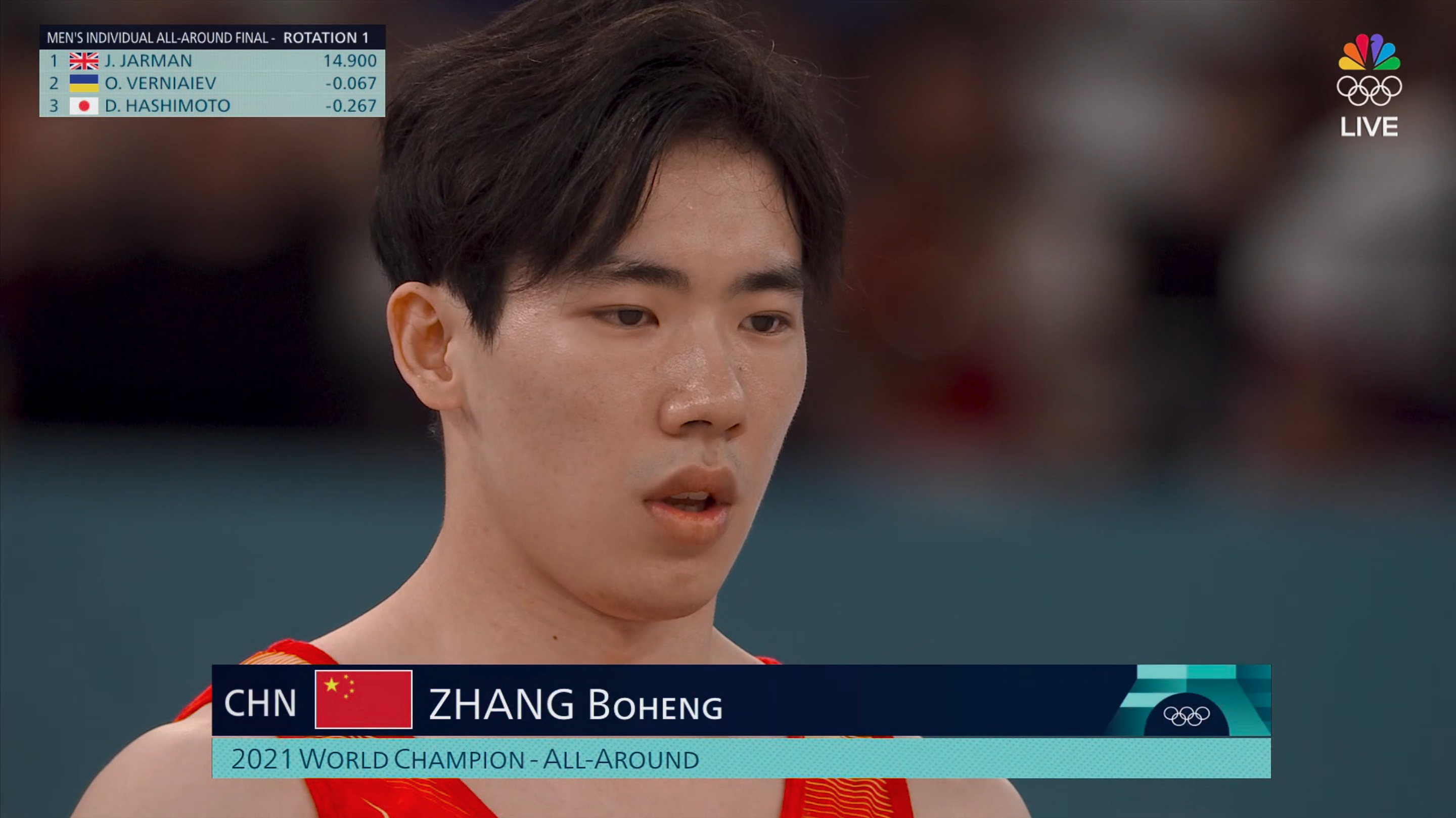 Zhang Boheng of China stands ready to participate in the pommel horse event.