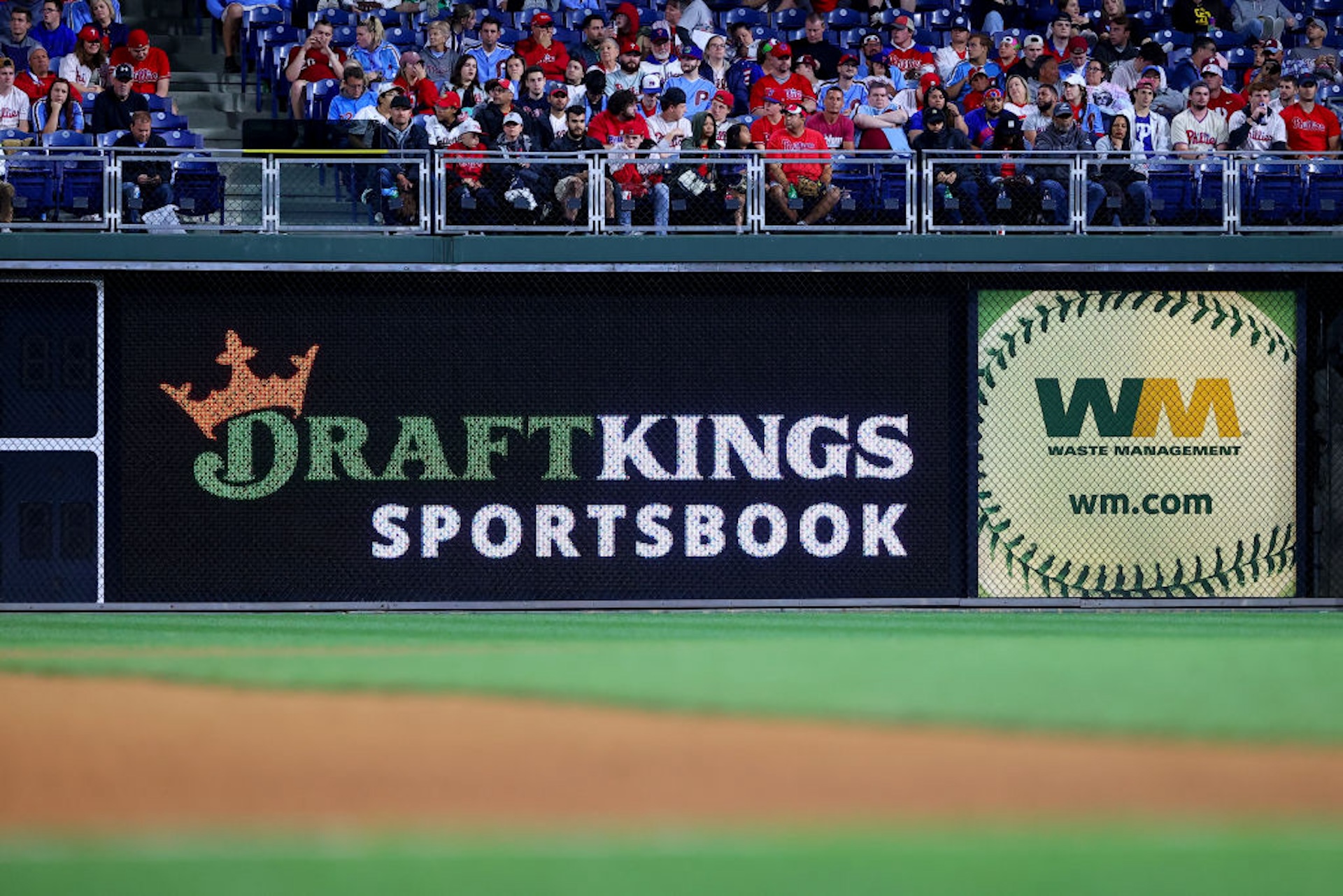 A general view of the DraftKings logo in the outfield during the Major League baseball game between the Philadelphia Phillies and the Washington Nationals on June 22, 2021 at Citizens Bank Park in Philadelphis, PA.