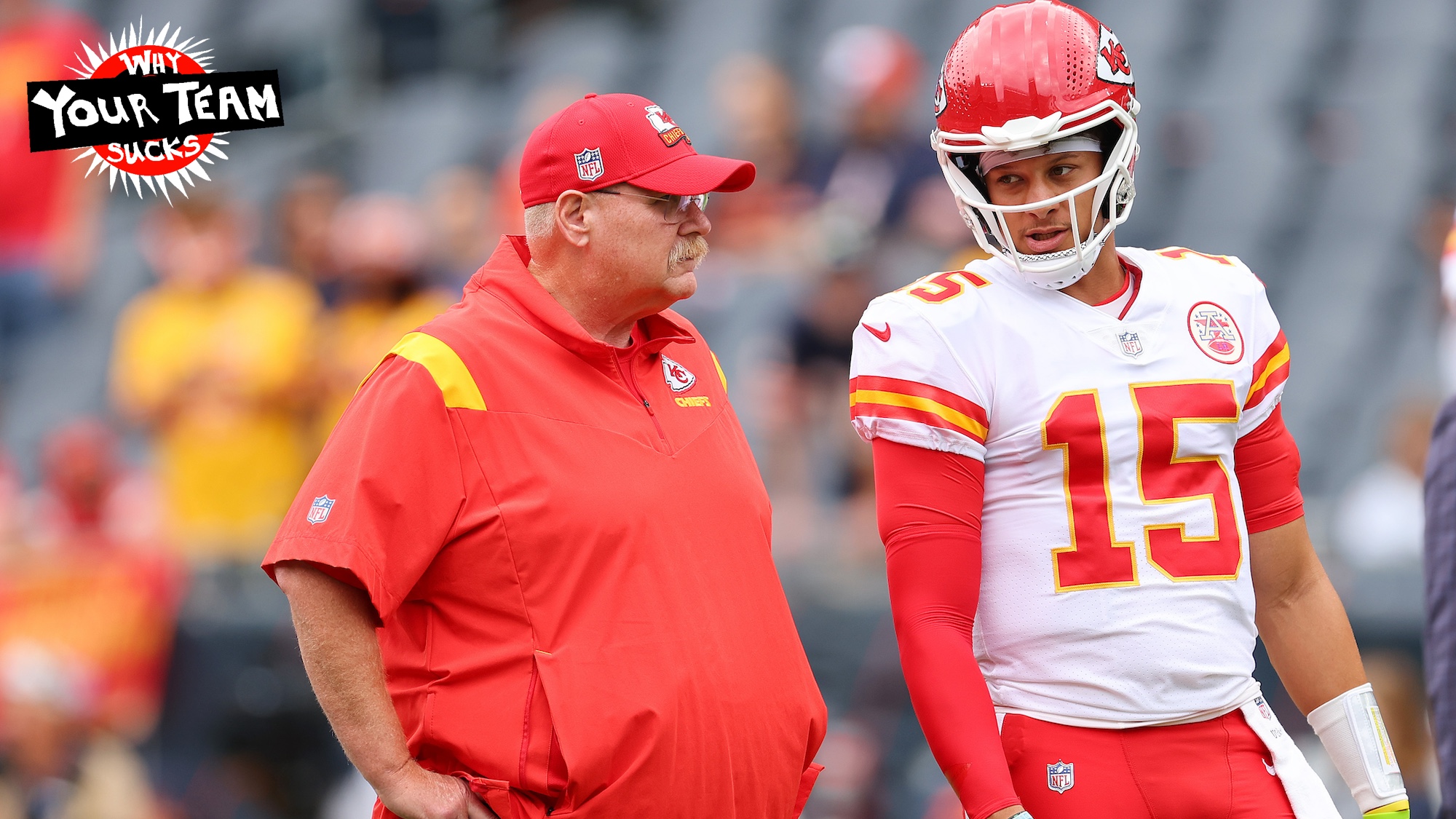 CHICAGO, ILLINOIS - AUGUST 13: Head coach Andy Reid and Patrick Mahomes #15 of the Kansas City Chiefs talk prior to a preseason game against the Chicago Bears at Soldier Field on August 13, 2022 in Chicago, Illinois. (Photo by Michael Reaves/Getty Images)