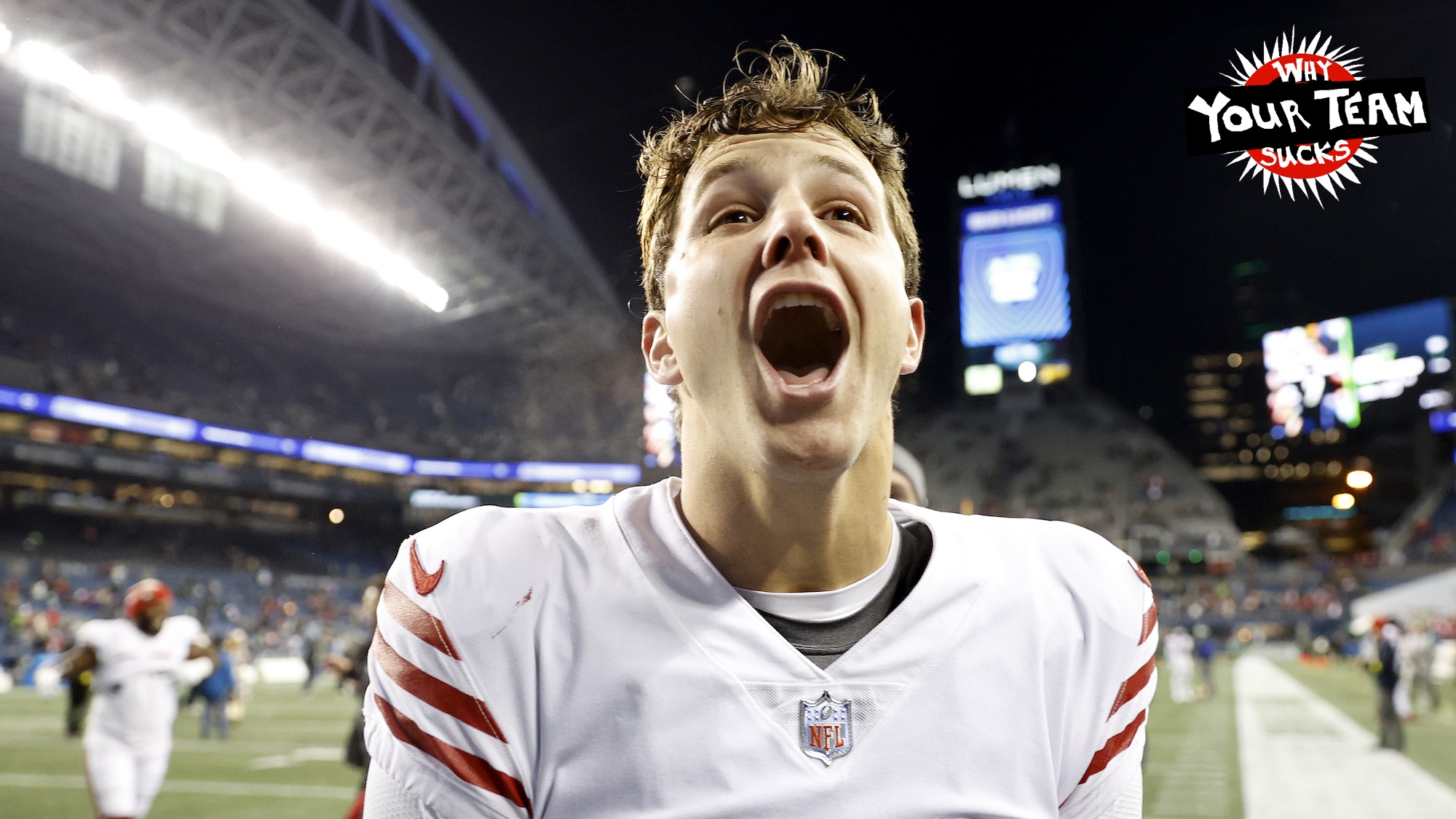 SEATTLE, WASHINGTON - DECEMBER 15: Brock Purdy #13 of the San Francisco 49ers reacts after beating the Seattle Seahawks 21-13 at Lumen Field on December 15, 2022 in Seattle, Washington. (Photo by Steph Chambers/Getty Images)