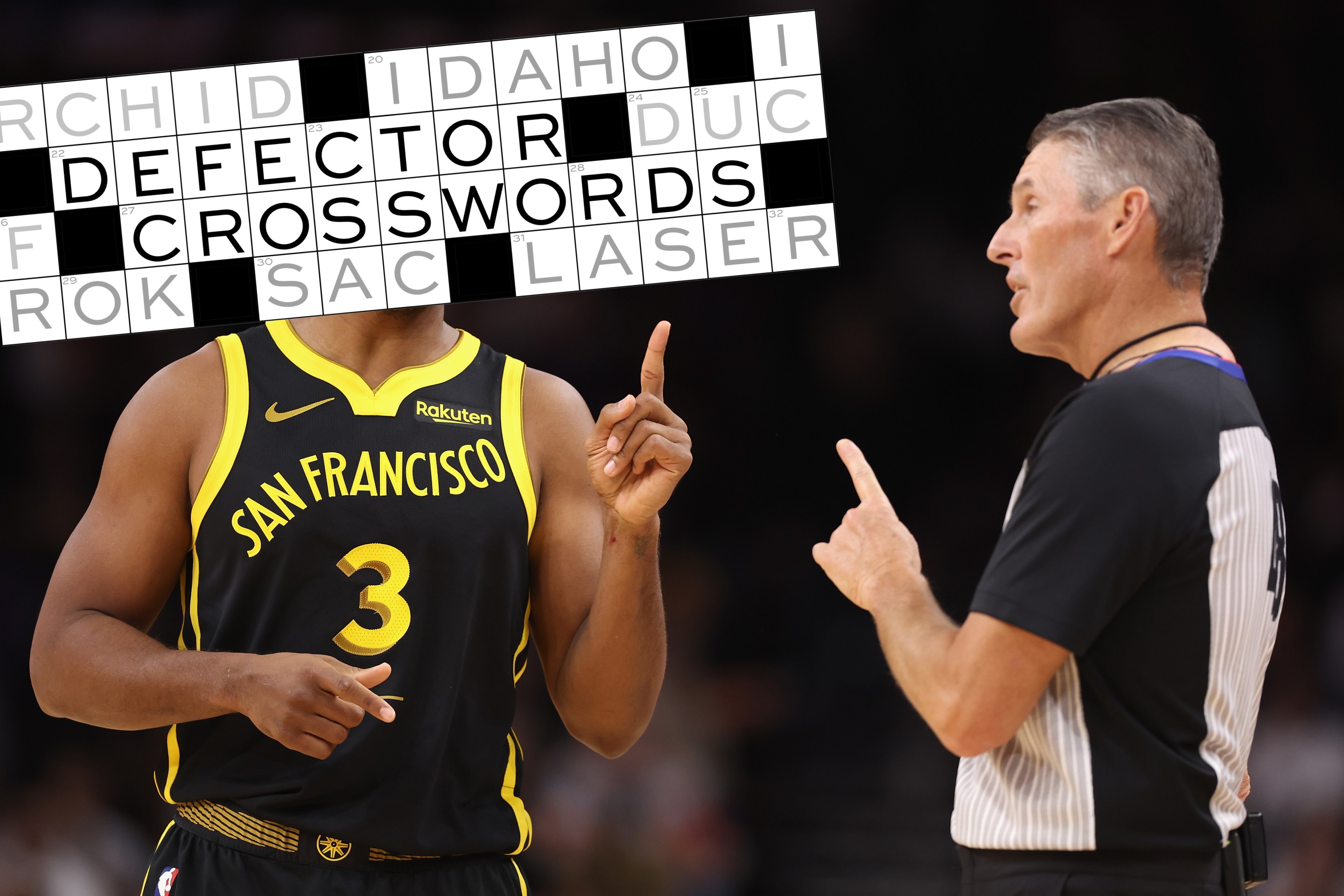 Chris Paul #3 of the Golden State Warriors reacts to referee Scott Foster #48 during the first half of the NBA game against the Phoenix Suns at Footprint Center on November 22, 2023 in Phoenix, Arizona.