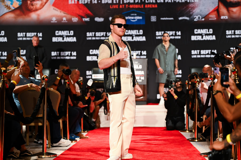 Canelo Alvarez poses at the press conference for the Berlanga fight