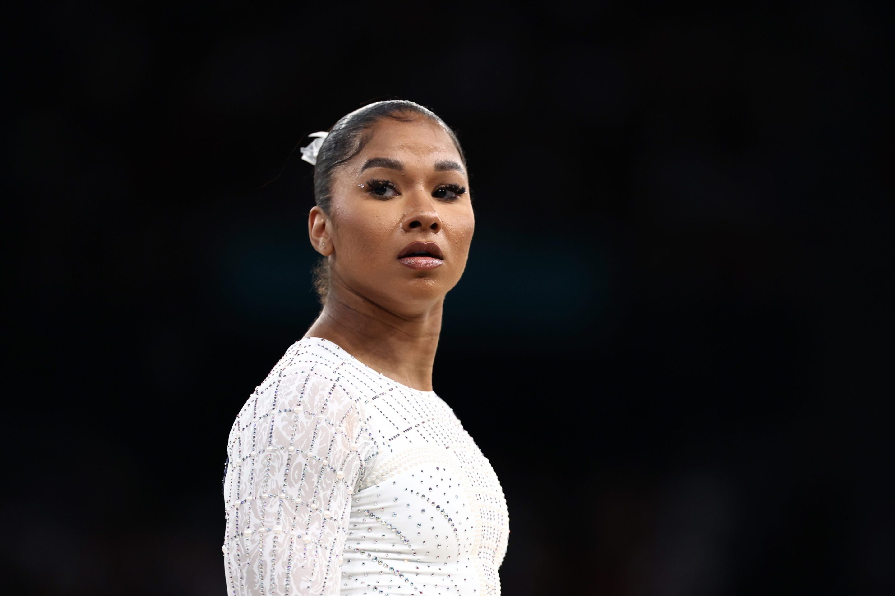 Jordan Chiles of Team United States is seen prior to competing in the Artistic Gymnastics Women's Floor Exercise Final on day ten of the Olympic Games Paris 2024 at Bercy Arena on August 05, 2024 in Paris, France.